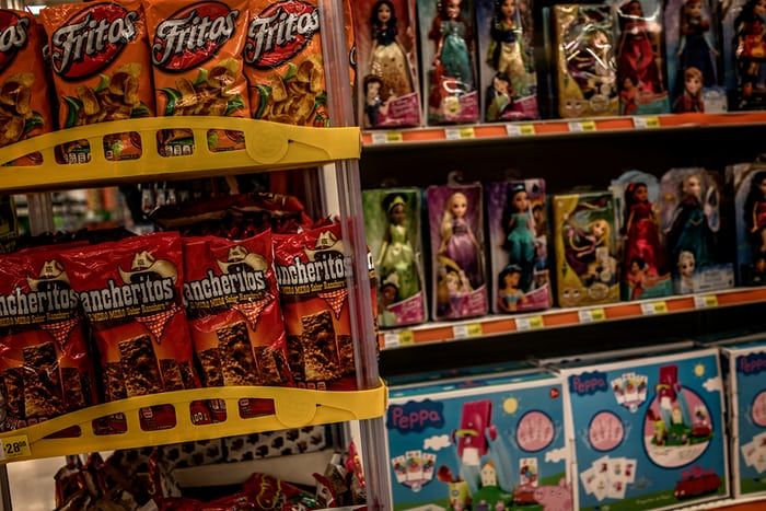 Brightly coloured bags of crisps are displayed next to toys marketed for children in a U.S. store in Oaxaca. Mexico’s retail market was altered forever after NAFTA opened the door U.S. retailers. Small Mexican shops were unable to compete with the low prices. Image by James Whitlow Delano. Mexico, 2017.