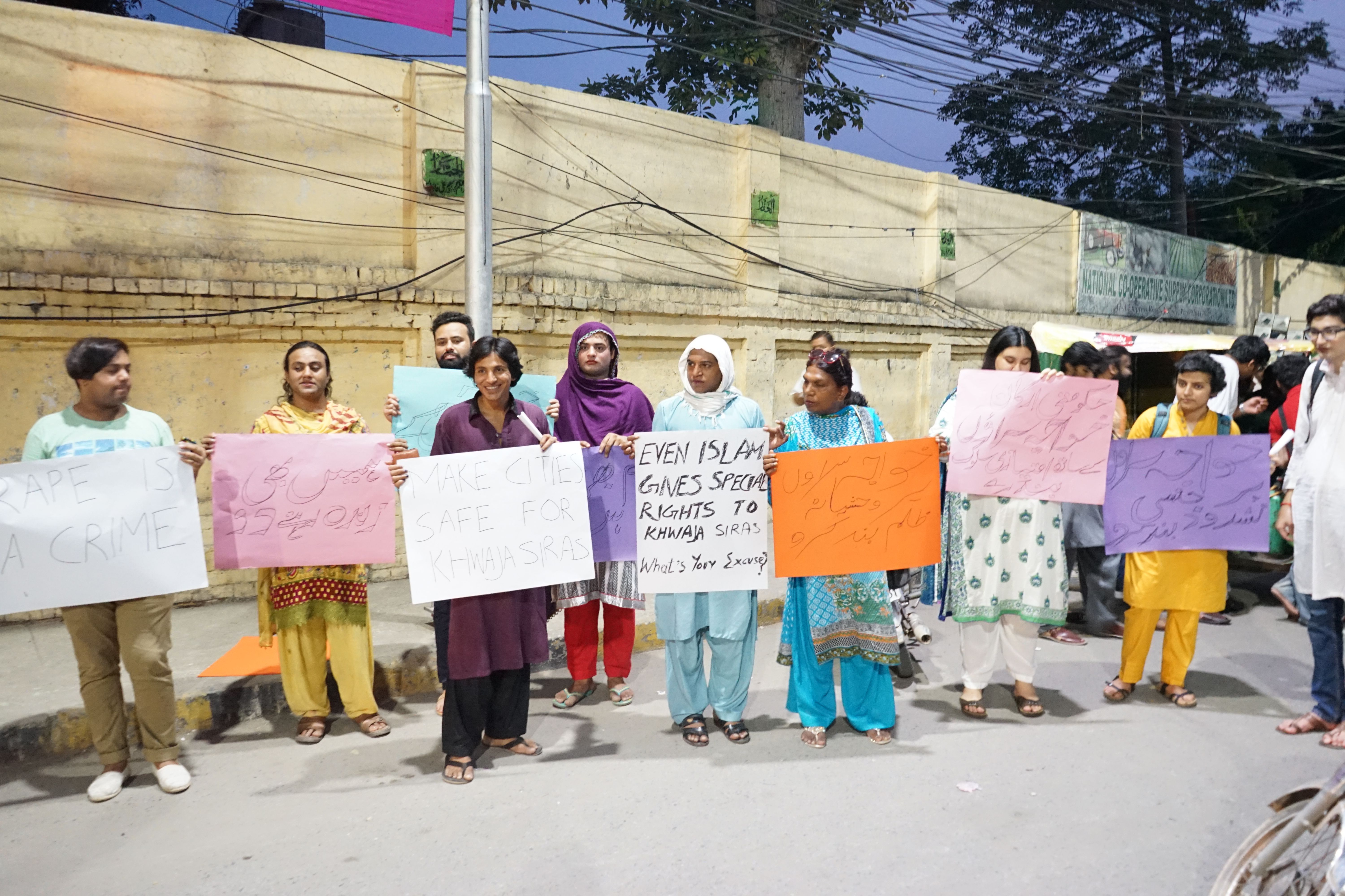 This protest in Lahore was one of many that took place in cities across Pakistan on August 2 against the gang rape of two khawaja siras. The orange sign reads, "Stop the torture and violence against khawaja siras." (The other signs are translated in previous photos). Image by Ikra Javed. Pakistan, 2016.