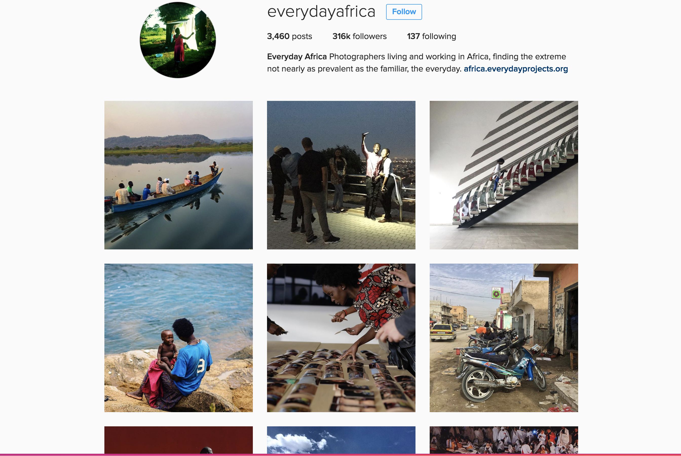 A screen shot of Everyday Africa's Instagram feed, showing a collection of new photographs of Africans living their lives on the continent. 