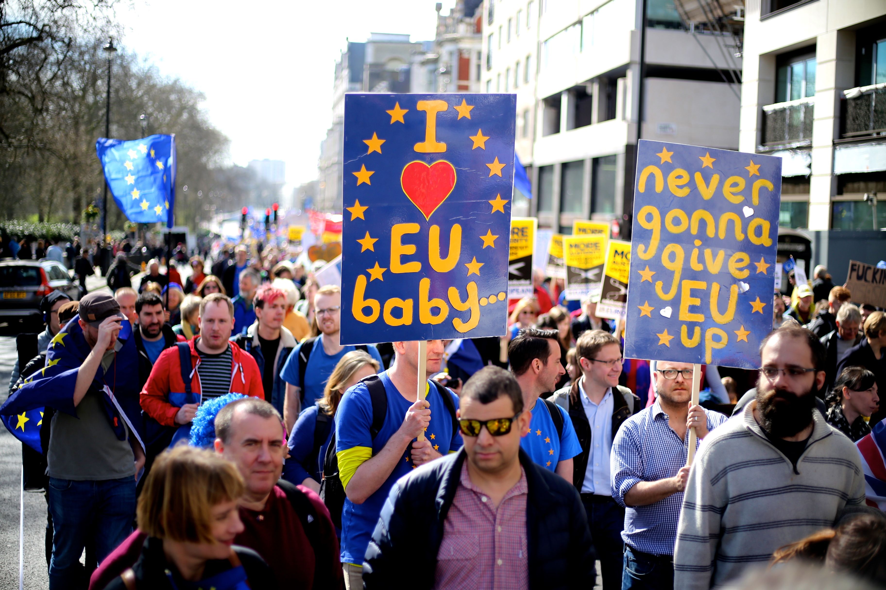 The pro-EU march from Hyde Park to Westminster in London on March 25, 2017, to mark 60 years since the EU's founding agreement, the Treaty of Rome. Image by Ilovetheeu. United Kingdom, 2017.