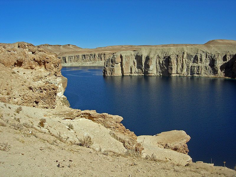 Band-e-amir is a series of deep blue lakes nestled amidst limestone canyons. Image by Carl Montgomery, courtesy of Wikicommons. Afghanistan, 2008.
