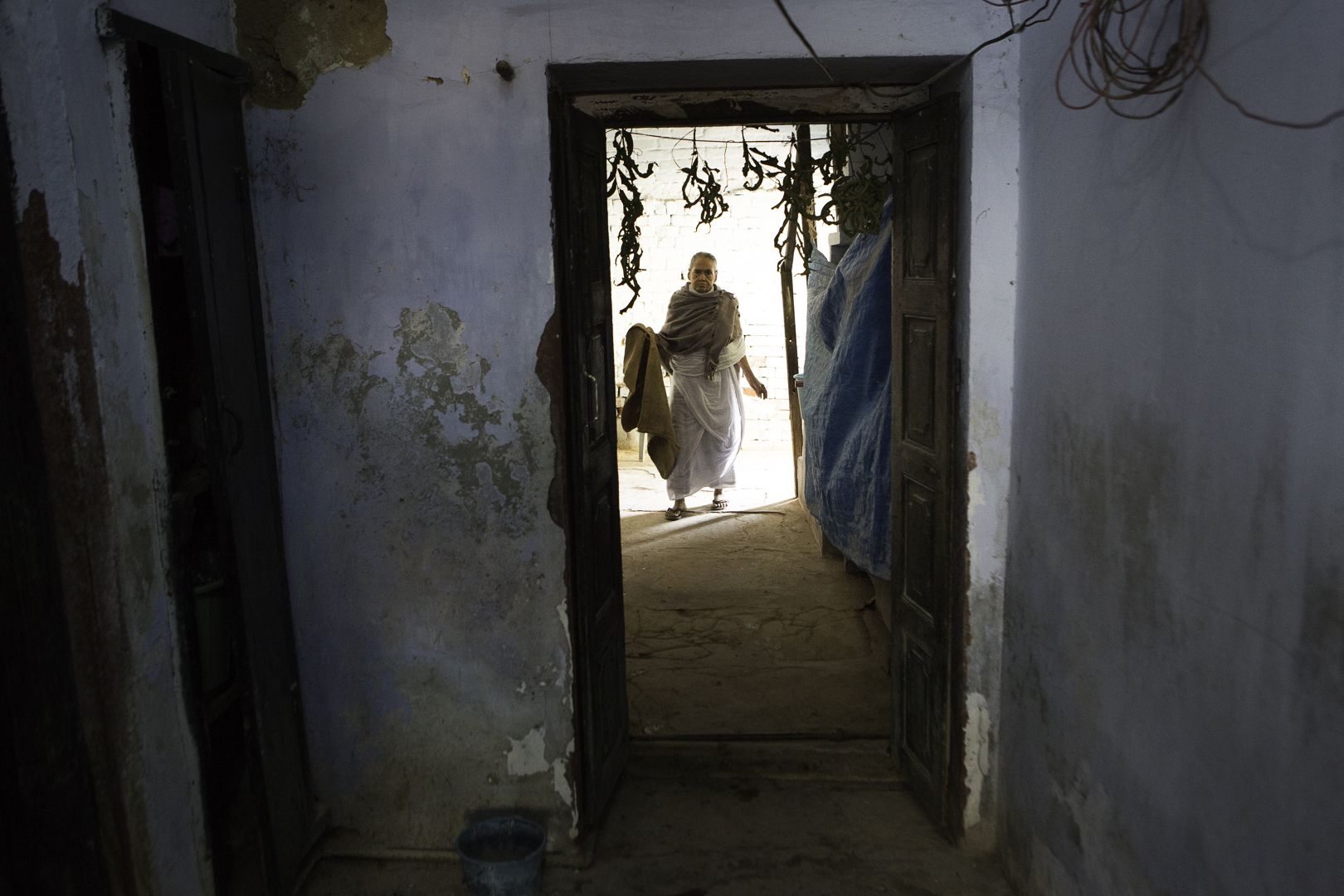 A hallway in the elderly widow area of Tarash Mandir, a short-stay home for young women and permanent facility for elderly widows in Vrindavan