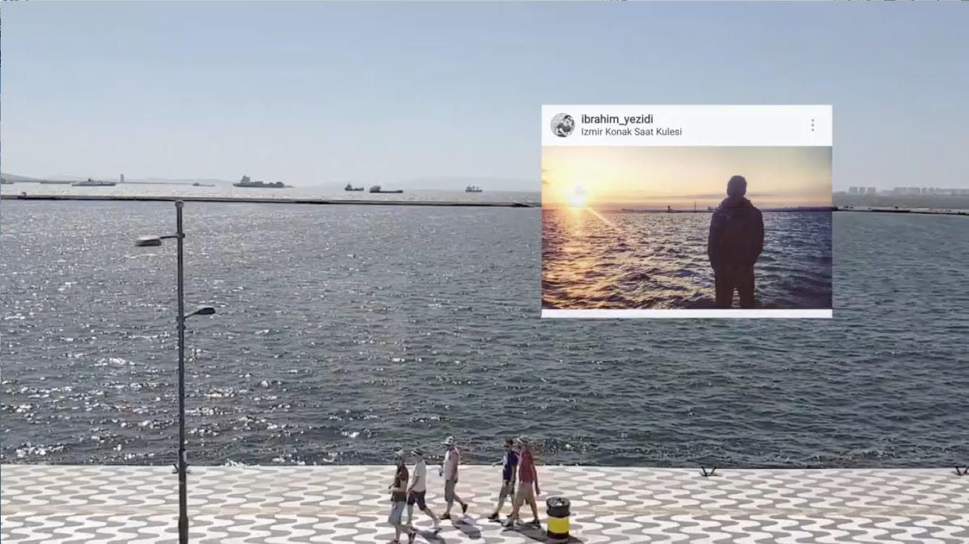 A shot of video footage of Izmir, Turkey, overlaid with images posted by refugees on Instagram from those same sites. Image by Tomas van Houtyryve. Turkey, 2016.
