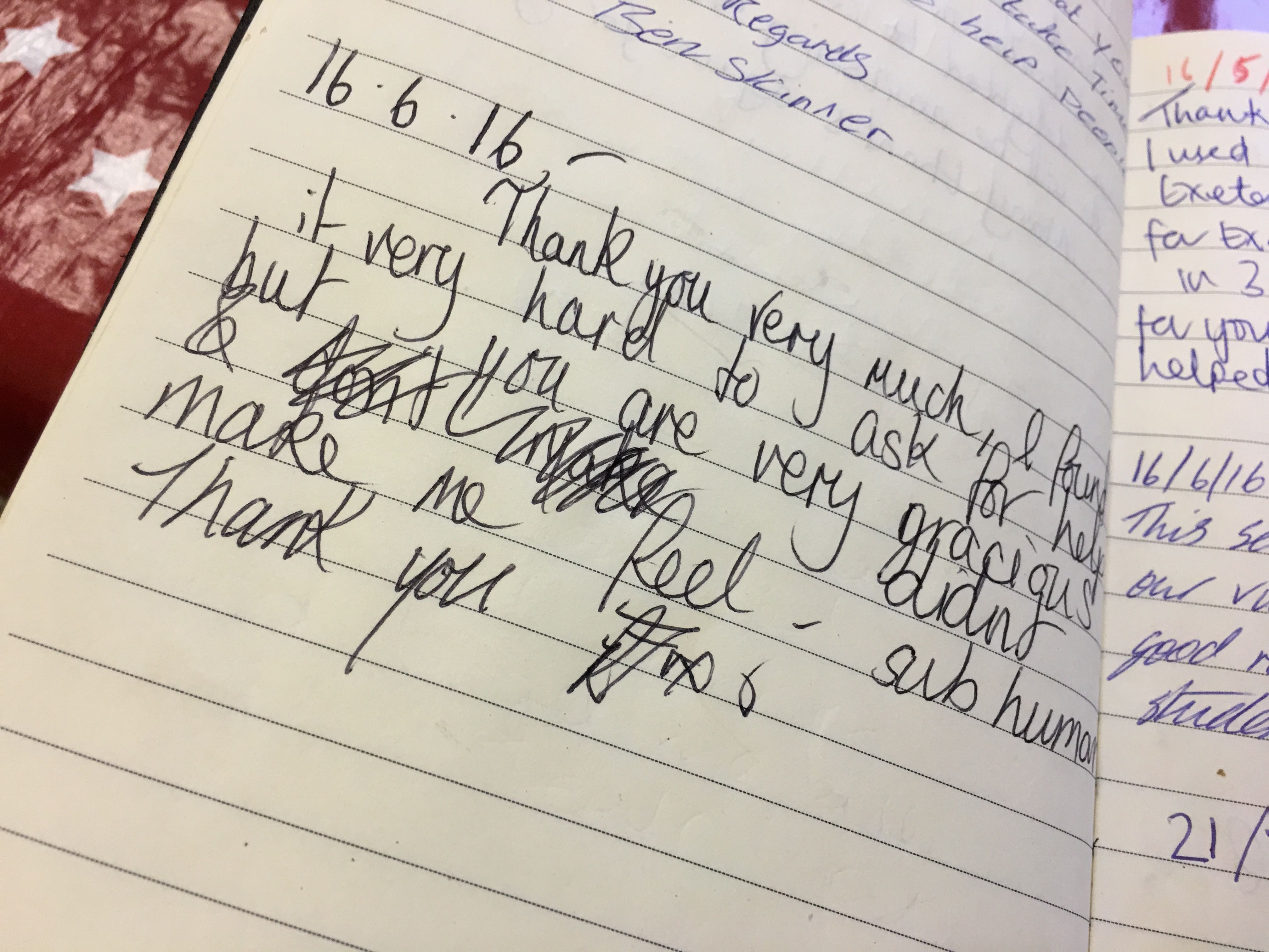 One of the entries in the Food Bank's guest book. Image by Caitlin Bawn. England, 2016.