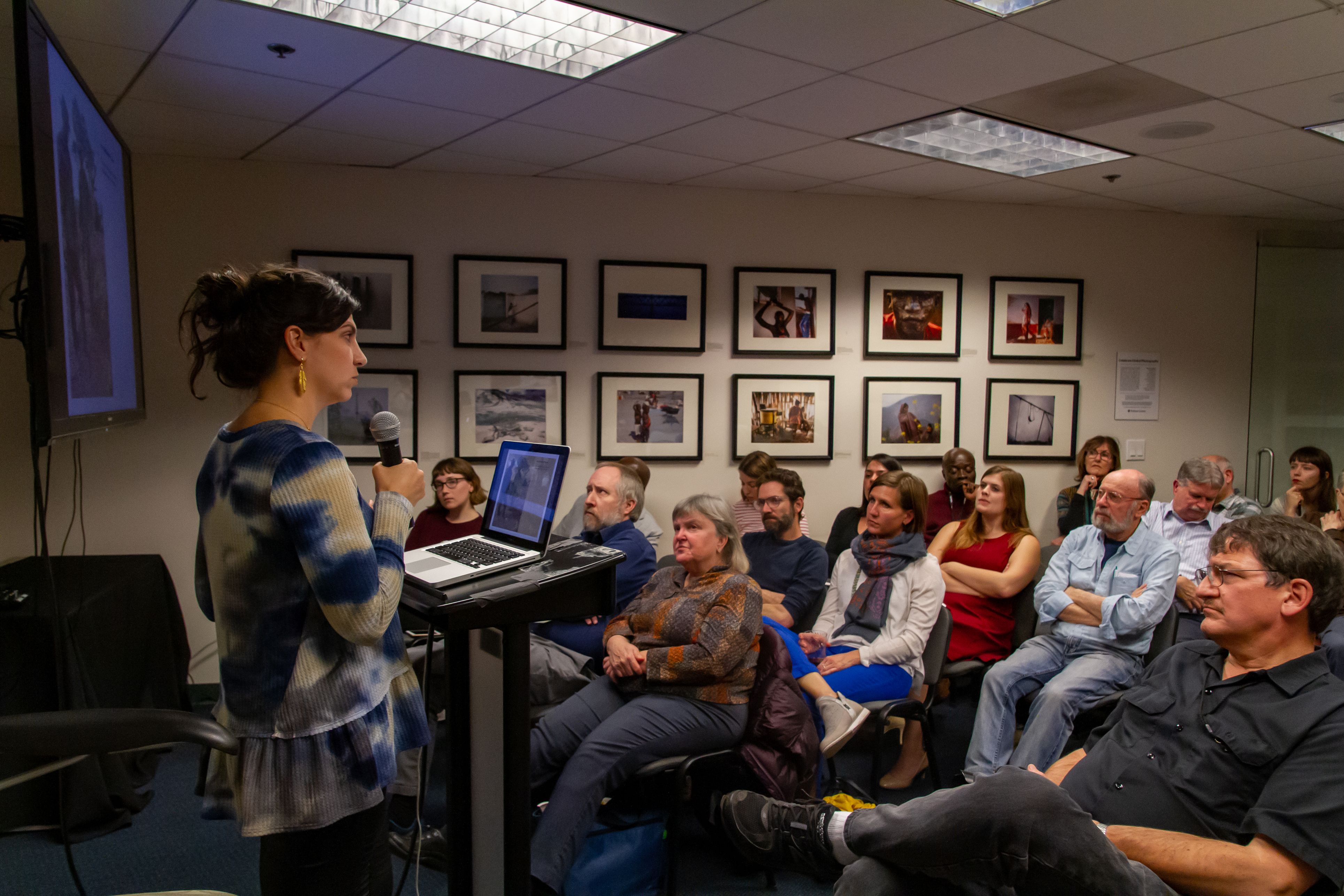 Grantee Mariana Palau speaks to the audience during her Talks @ Pulitzer discussion on Monday, February 3, 2020. Image by Claire Seaton. United States, 2020.