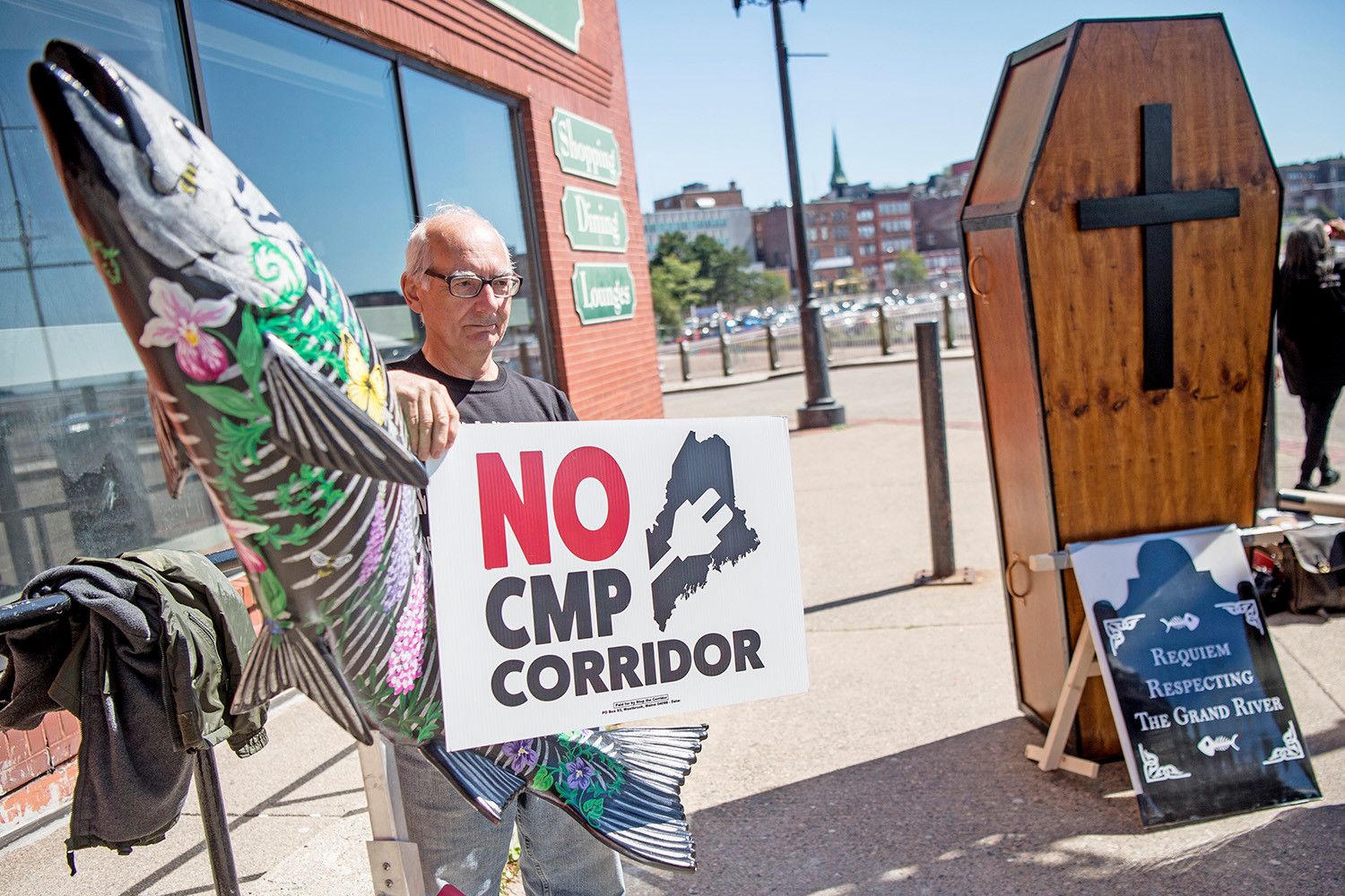 Eldred Davis protests the New England Clean Energy Connect corridor during a demonstration in Saint John, New Brunswick, Canada, on Sept. 9, 2019. Image by Michael G. Seamans. Canada, 2019.