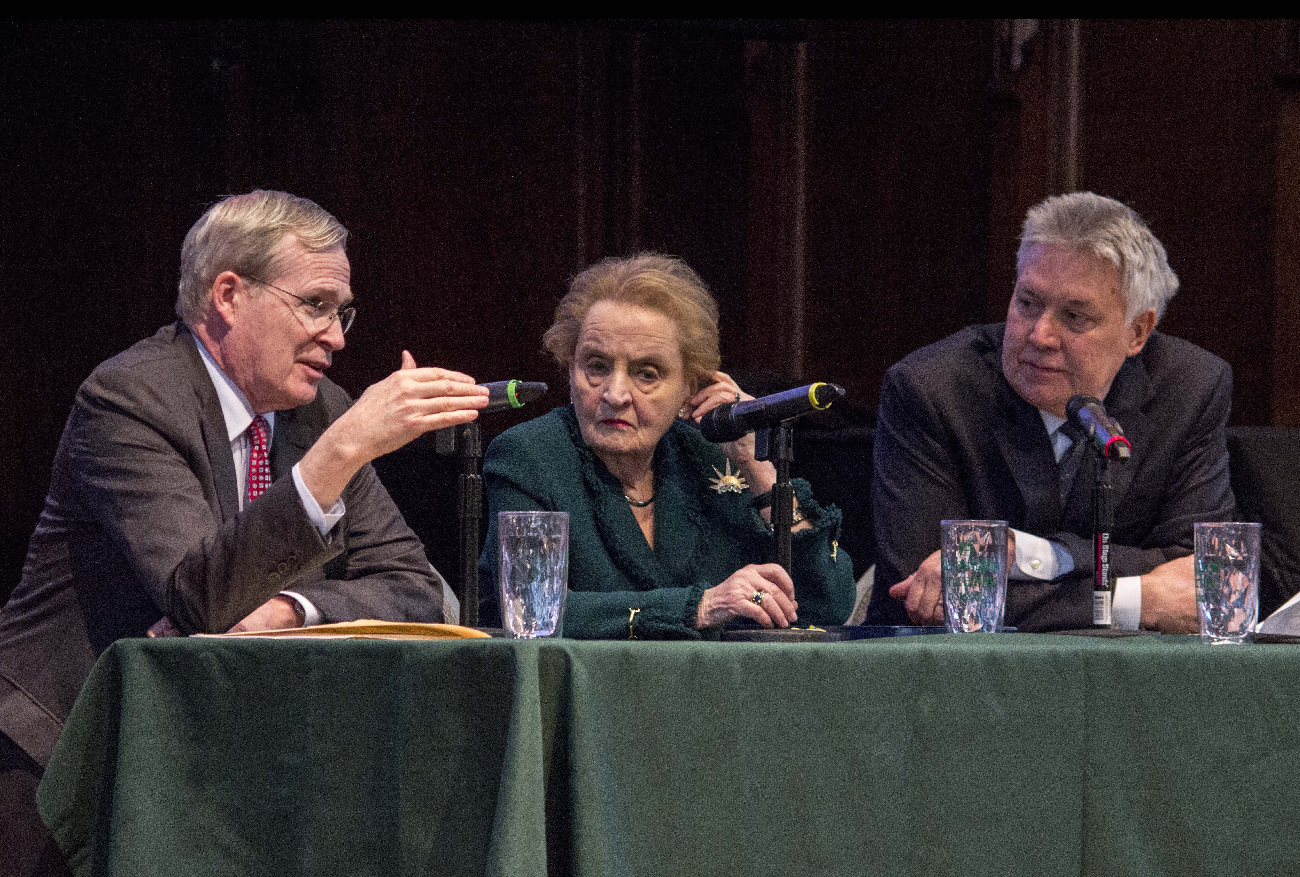 Former National Security Advisor Stephen Hadley, former Secretary of State Madeleine Albright, and Pulitzer Center Executive Director Jon Sawyer at Washington University discussing A New Approach to the Middle East. United States, 2017.