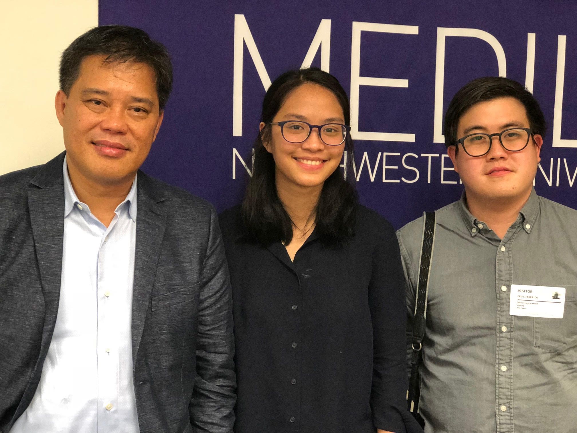 Human Rights Watch Philippines Researcher Carlos Conde, Medill student fellow Pat Nabong, and photojournalist Frederico Cruz. Image by Kem Knapp Sawyer. United States, 2018.