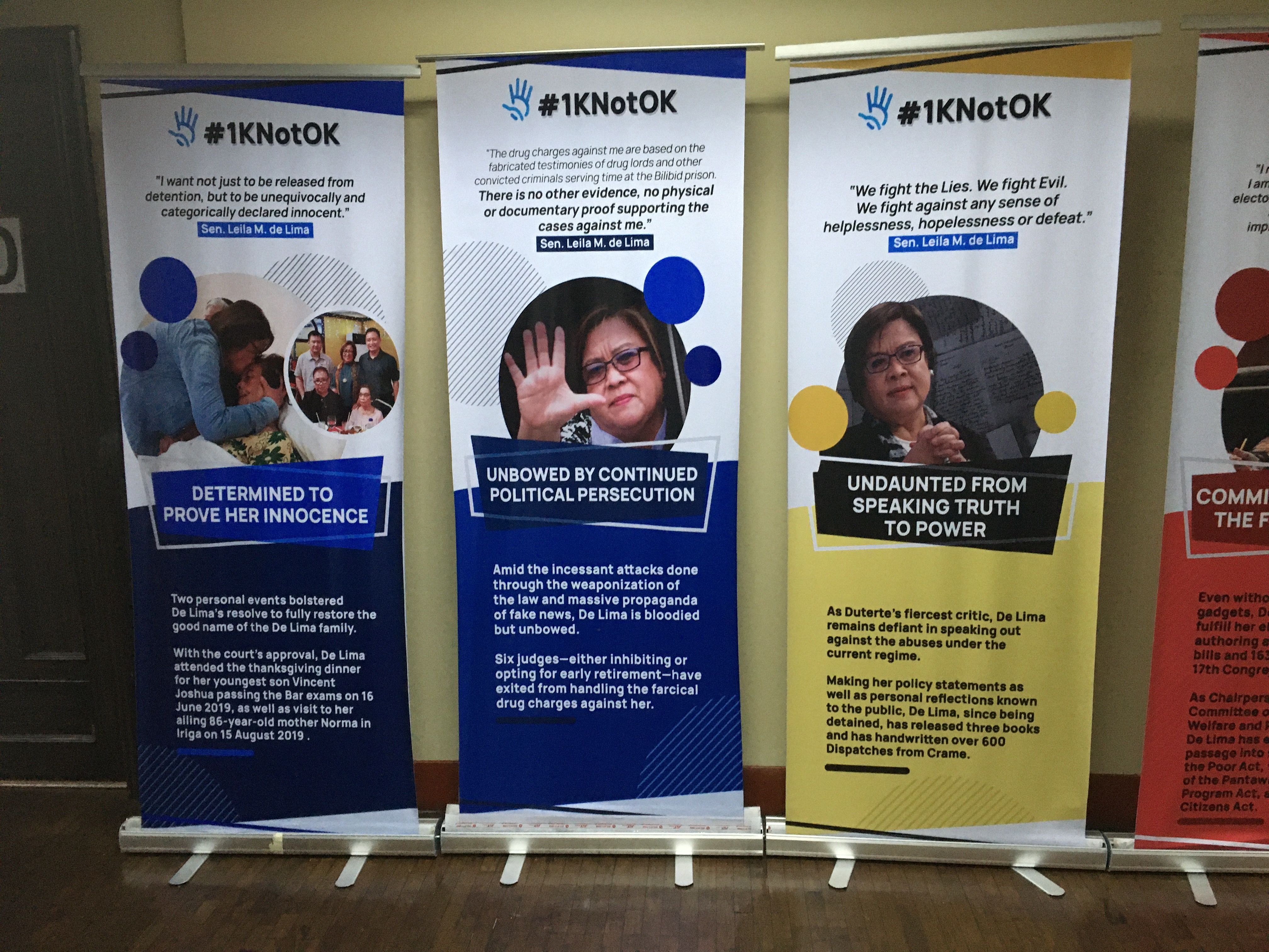 Posters of opposition politician Leila de Lima outside her office in the Philippine Senate.  De Lima, a sharp critic of Filipino president Rodrigo Duterte, has been in prison for more than three years on what legal experts, human rights organizations, and fellow opposition politicians believe to be trumped up charges of drug trafficking. Image by Richard Bernstein. Philippines, 2019.