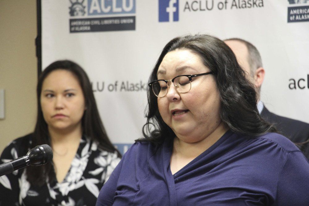 Clarice Hardy speaks at a news conference Thursday, Feb. 20, 2020, in Anchorage, Alaska. The American Civil Liberties Union of Alaska filed a lawsuit Thursday on Hardy's behalf against the City of Nome, Alaska, and two former officers for failing to investigate the sexual assault report filed by Hardy, a former police dispatcher. On the left is Kendri Cesar, an attorney with a Juneau law firm that is assisting with the case. Image by AP Photo/Mark Thiessen. United States, 2020.