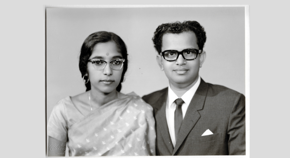 Studio photo of Indira and Bala Pillay. The Pillays lived in Singapore for a year before deciding to immigrate to the U.S. Image courtesy of Kavita Pillay/WGBH News.