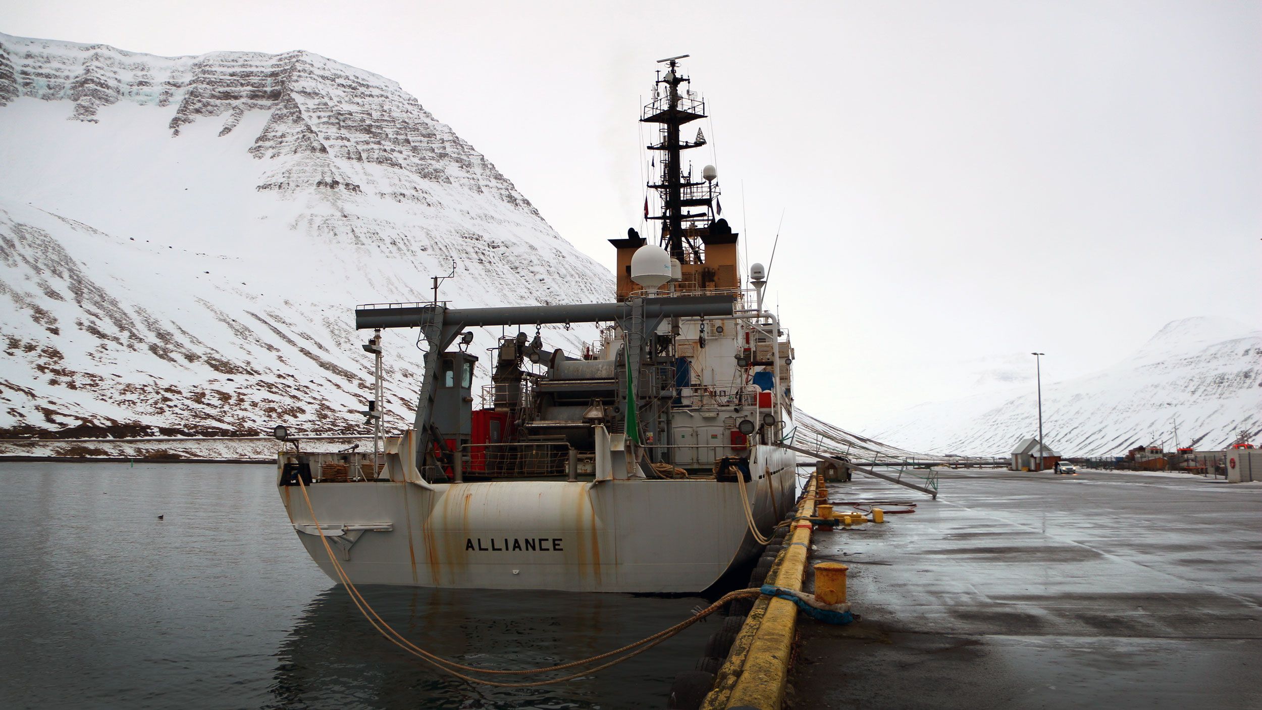 The R/V Alliance docked in Ísafjörður, Iceland, between the two legs of the research cruise. Image by Ari Daniel. Iceland, 2018.