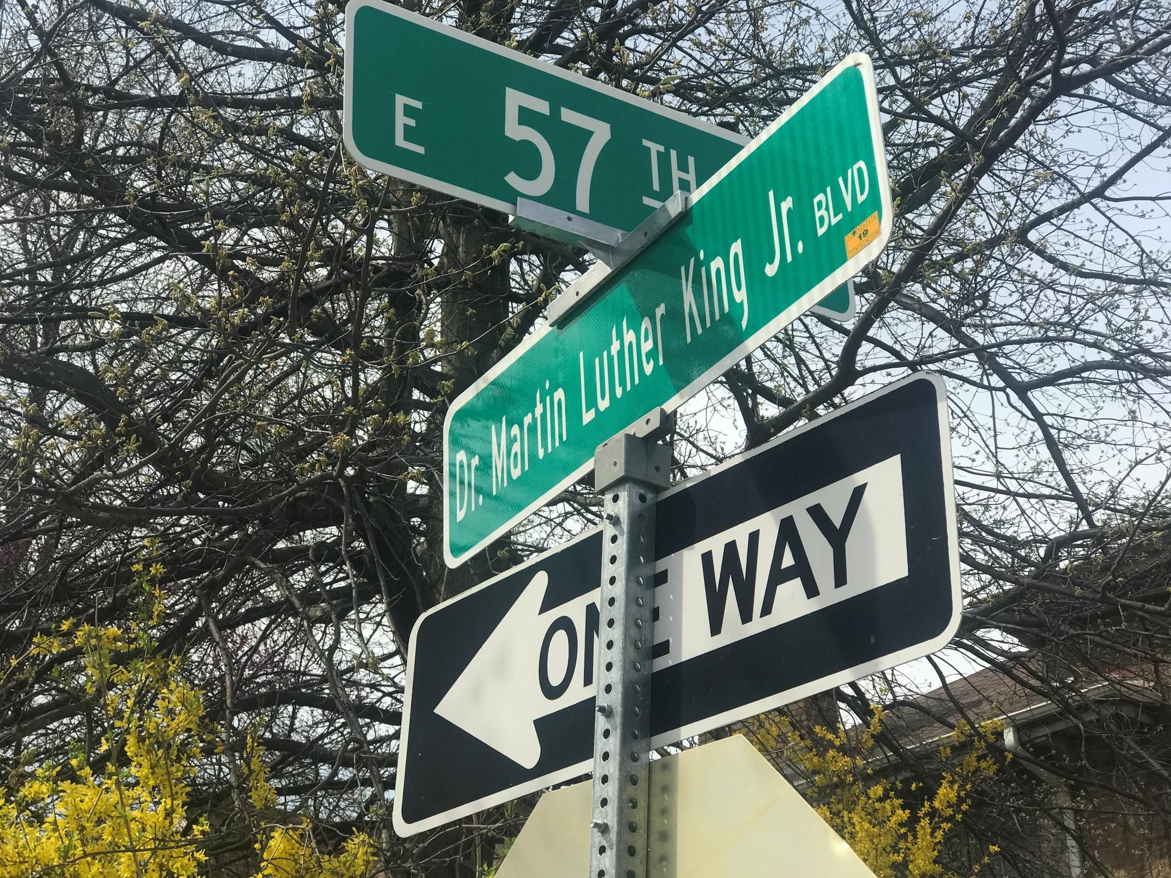 The Martin Luther King Jr. street signs that were put up by in the spring will come down by spring 2020. Image by Michelle Tyrene Johnson / KCUR 89.3. United States, 2019.