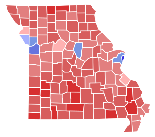Missouri Senate Election Results by County, 2016. Image courtesy of Wikimedia Commons. United States, 2016. 