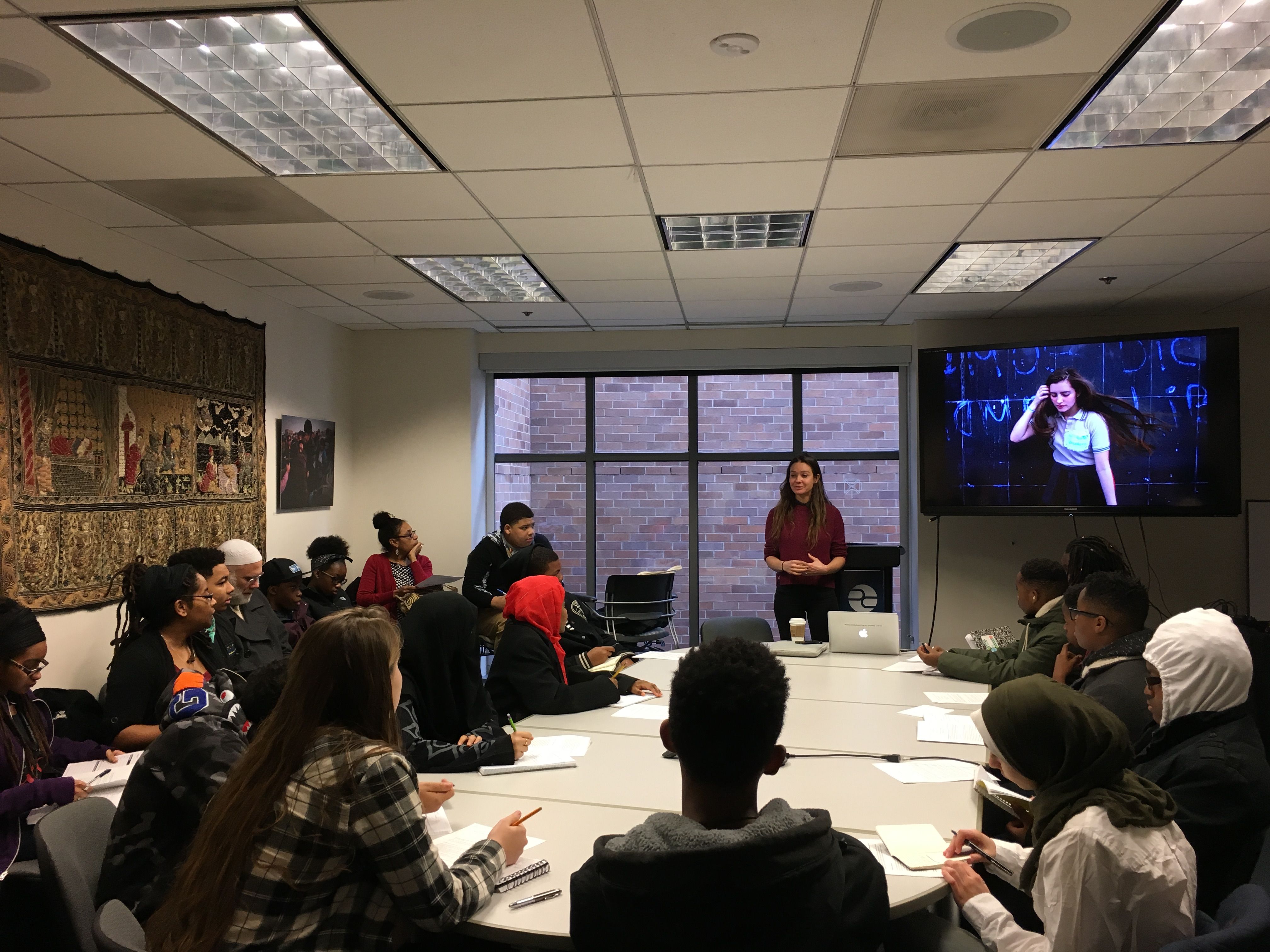 Natalie Keyssar presents to a group of homeschooled students at the Pulitzer Center office. Image by Fareed Mostoufi. United States, 2017.