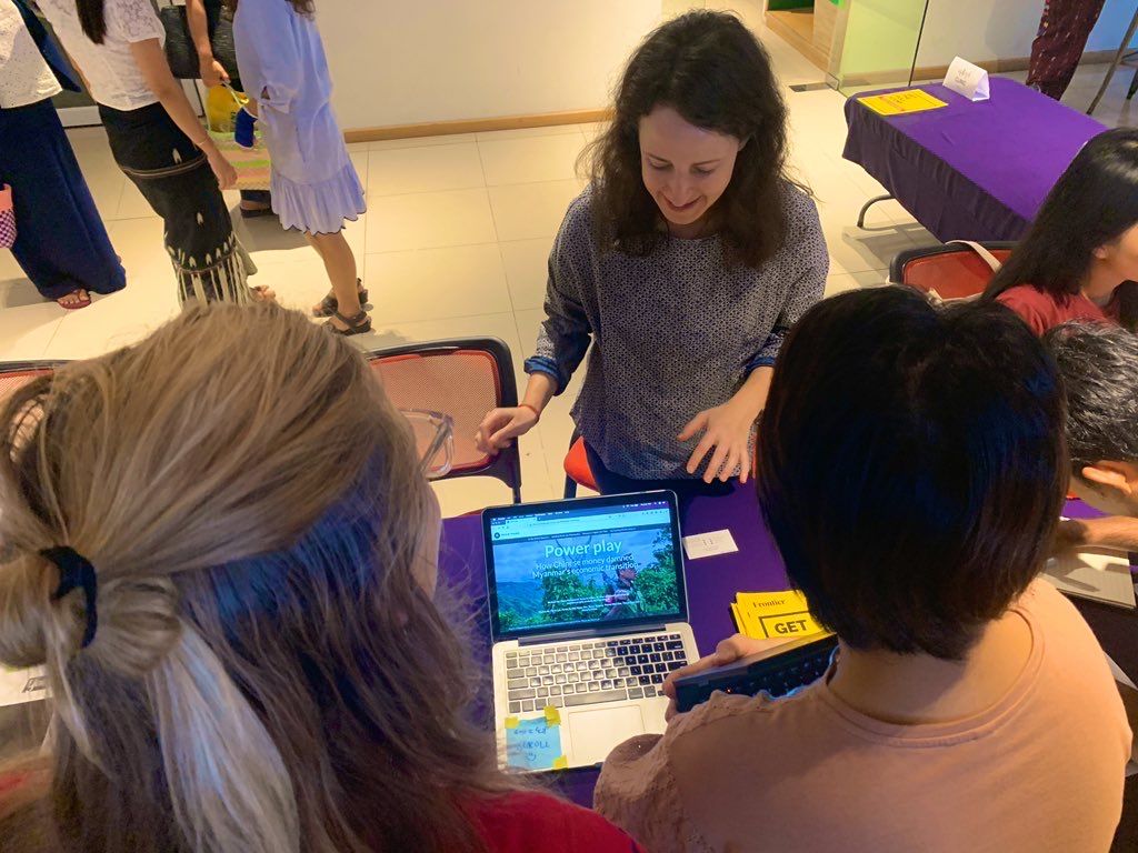 Grantee Clare Hammond presents the first part of the project at the Phandeeyar Data Fair in Yangon, Myanmar. Image by Victoria Milko. Myanmar, 2020.