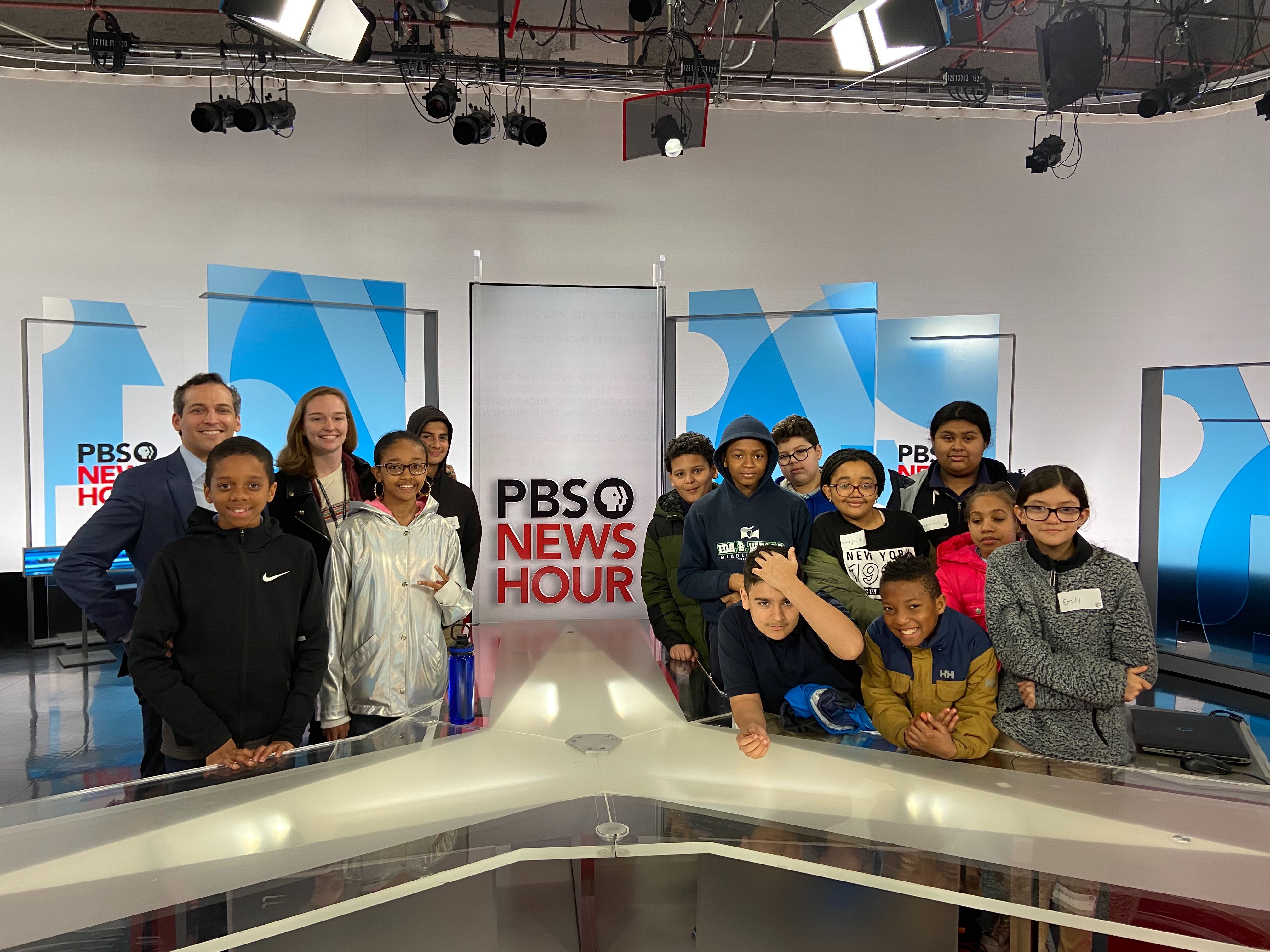 Ida B. Wells Middle School students tour the PBS NewsHour studio with special correspondent Nick Schifrin. Image by Pauline Werner. United States, 2020.