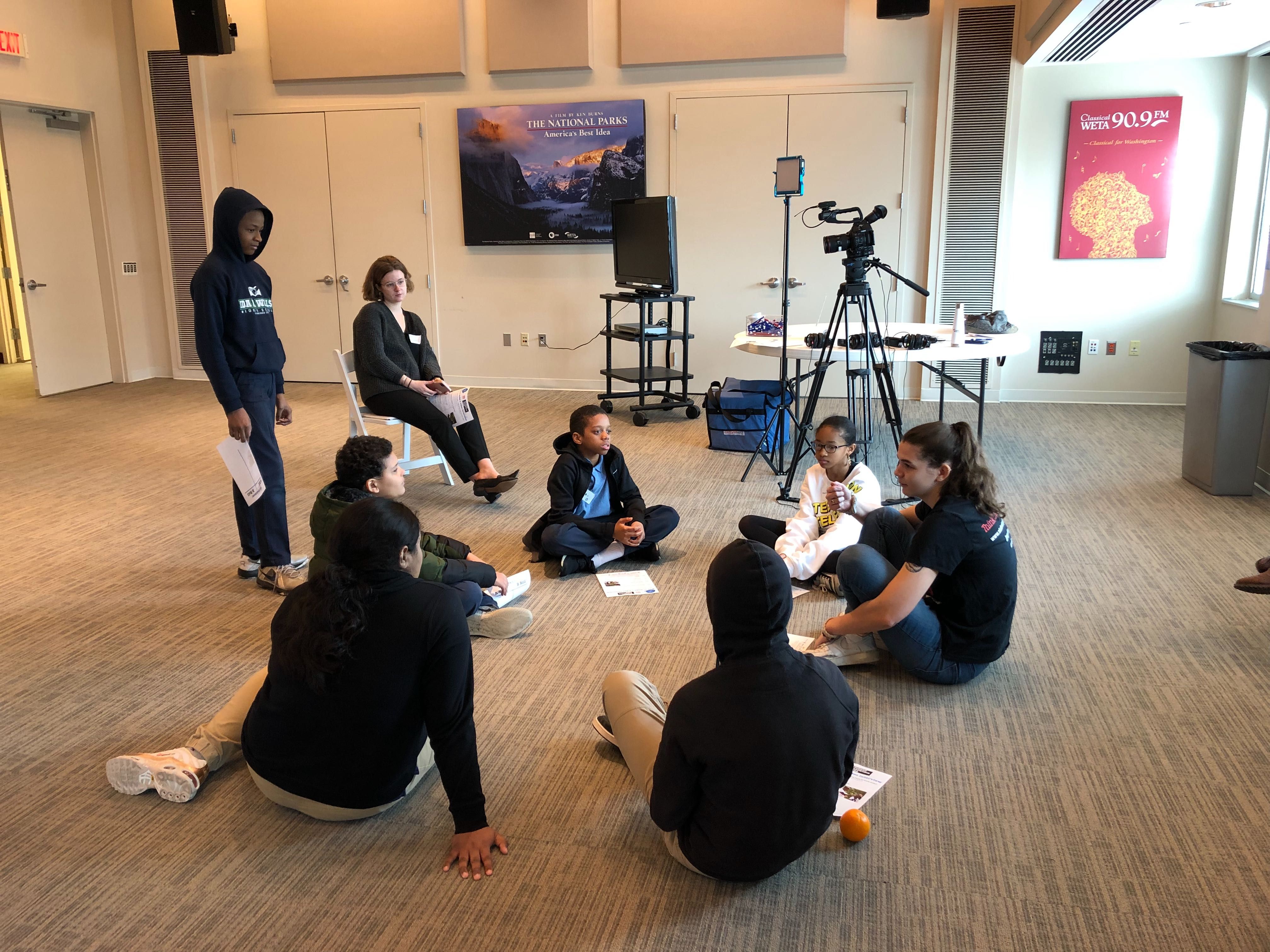 Students brainstorm story ideas during the workshop with Student Reporting Labs at PBS NewsHour. Image by Libby Moeller. United States, 2020.