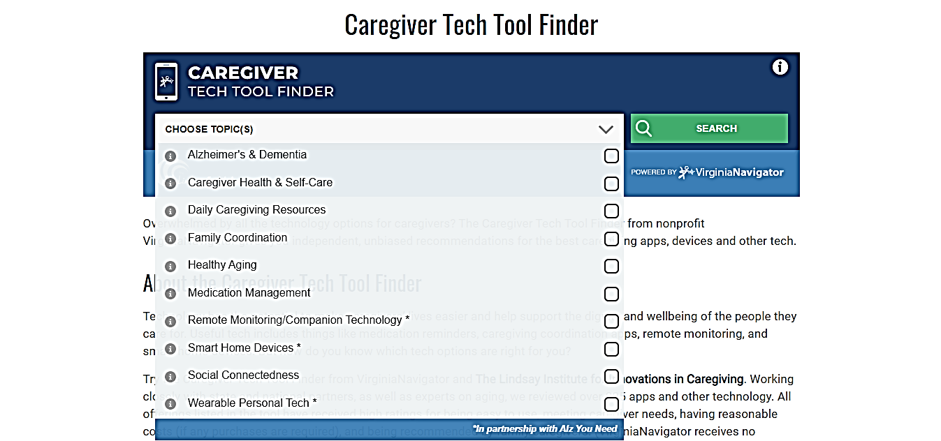 The new Caregiver Tech Tool Finder promotes the best mobile apps and websites under the categories listed above. It is available to all families and older adults seeking improved well-being and support. Image courtesy of Martha Gizaw. United States, 2020.