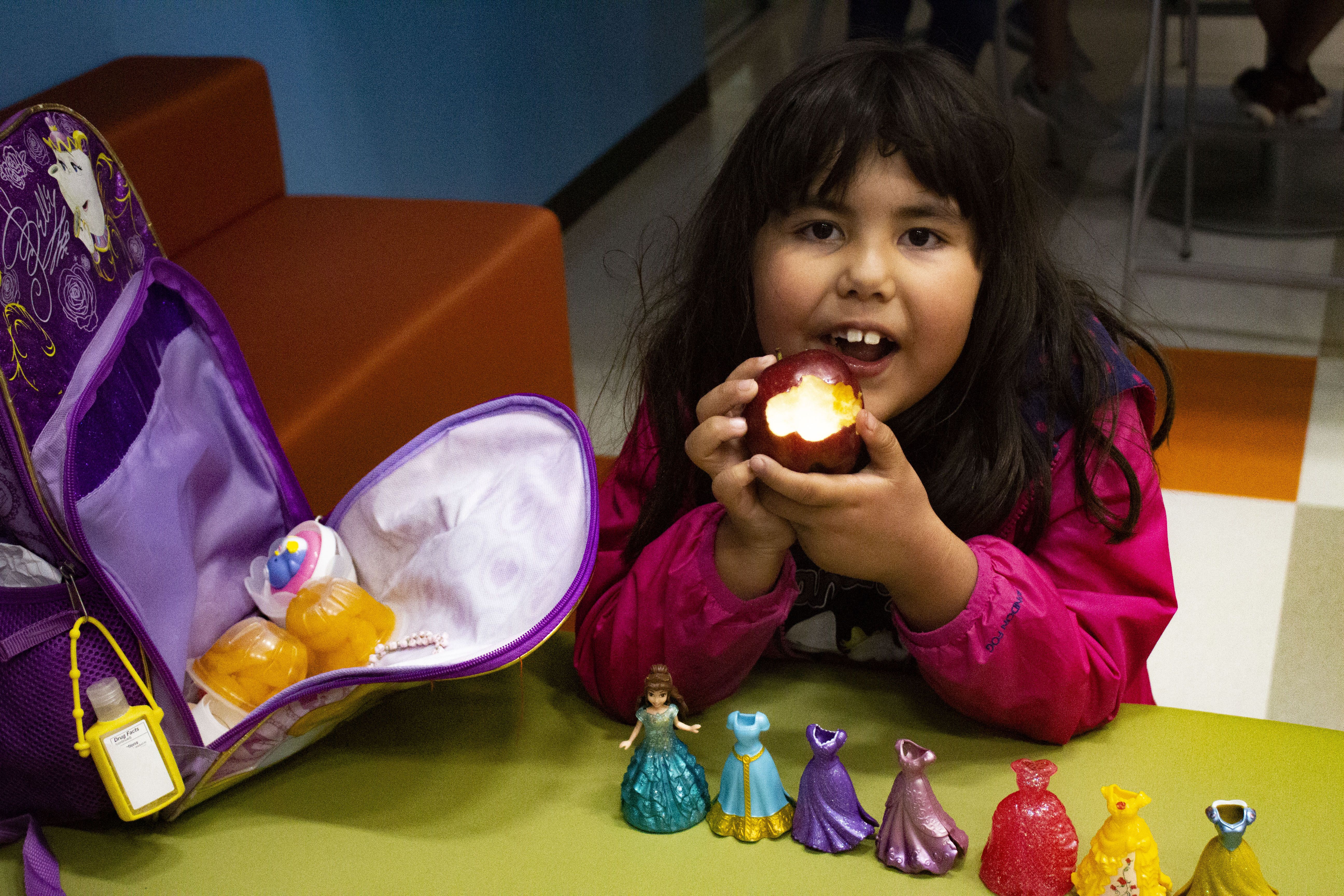 Isabella Paquin, 6, from Santa Ana Pueblo attends the Wellness Center where she likes to have carrots, apple pie and broccoli for snack. She also enjoys swimming and playing in the gym. Image by Viridiana Vidales Coyt. United States, 2017.