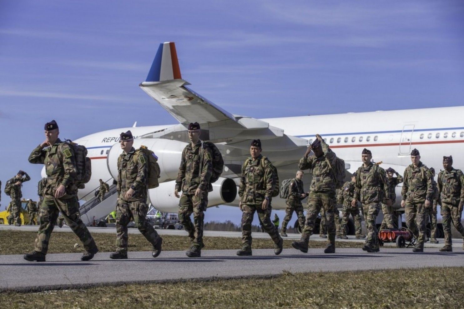 A photo from the Estonian Ministry of Defense information center shows French soldiers landing at Amari Air Base, Estonia, on April 4. The troops are part of an expanded NATO contingent in the Baltic countries. Ardi Halismaa/European Pressphoto Agency.