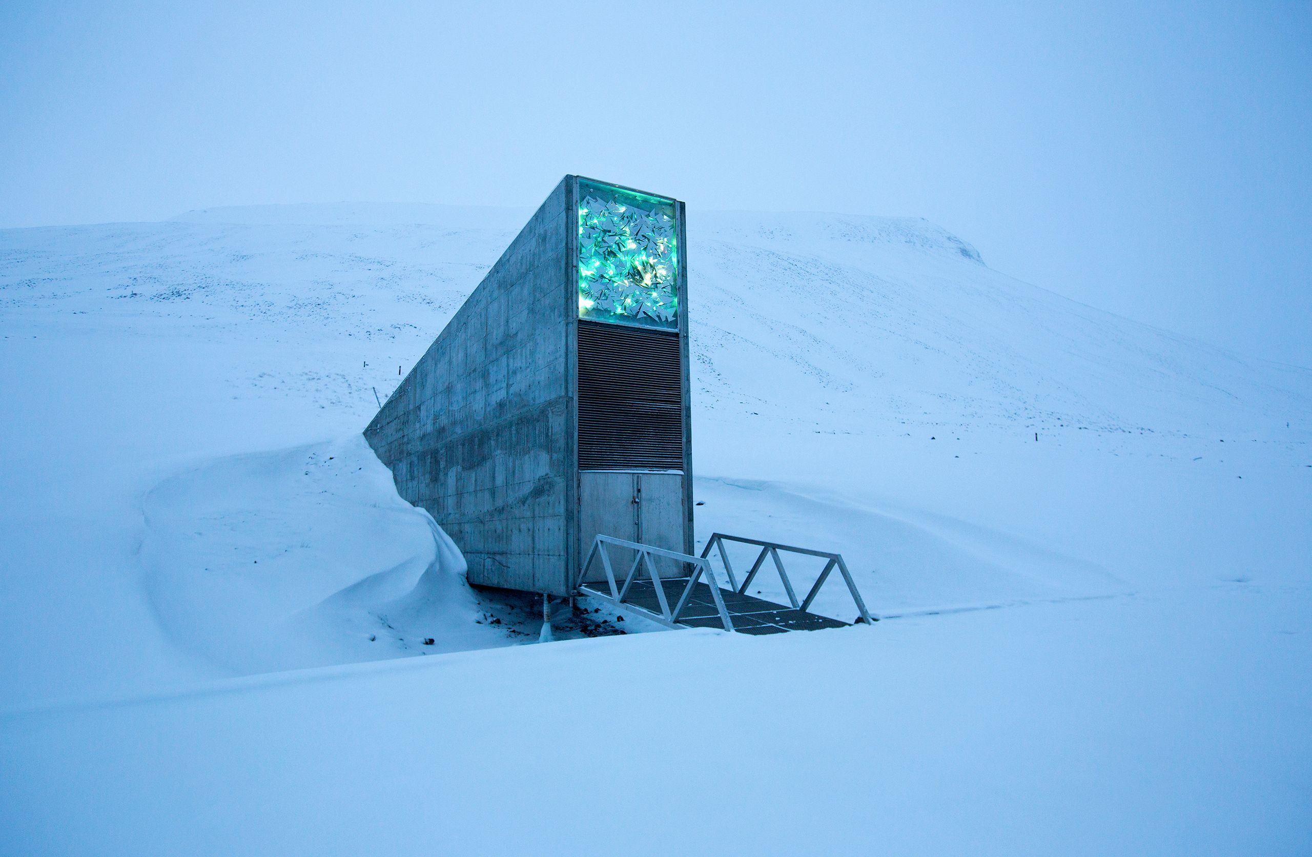 The Global Seed Vault on Spitsbergen, part of Norway’s Svalbard archipelago above the Arctic Circle. Over 930,000 varieties of food crops are stored in its icy depths. Image by Jennifer Duggan. Norway, 2017. 