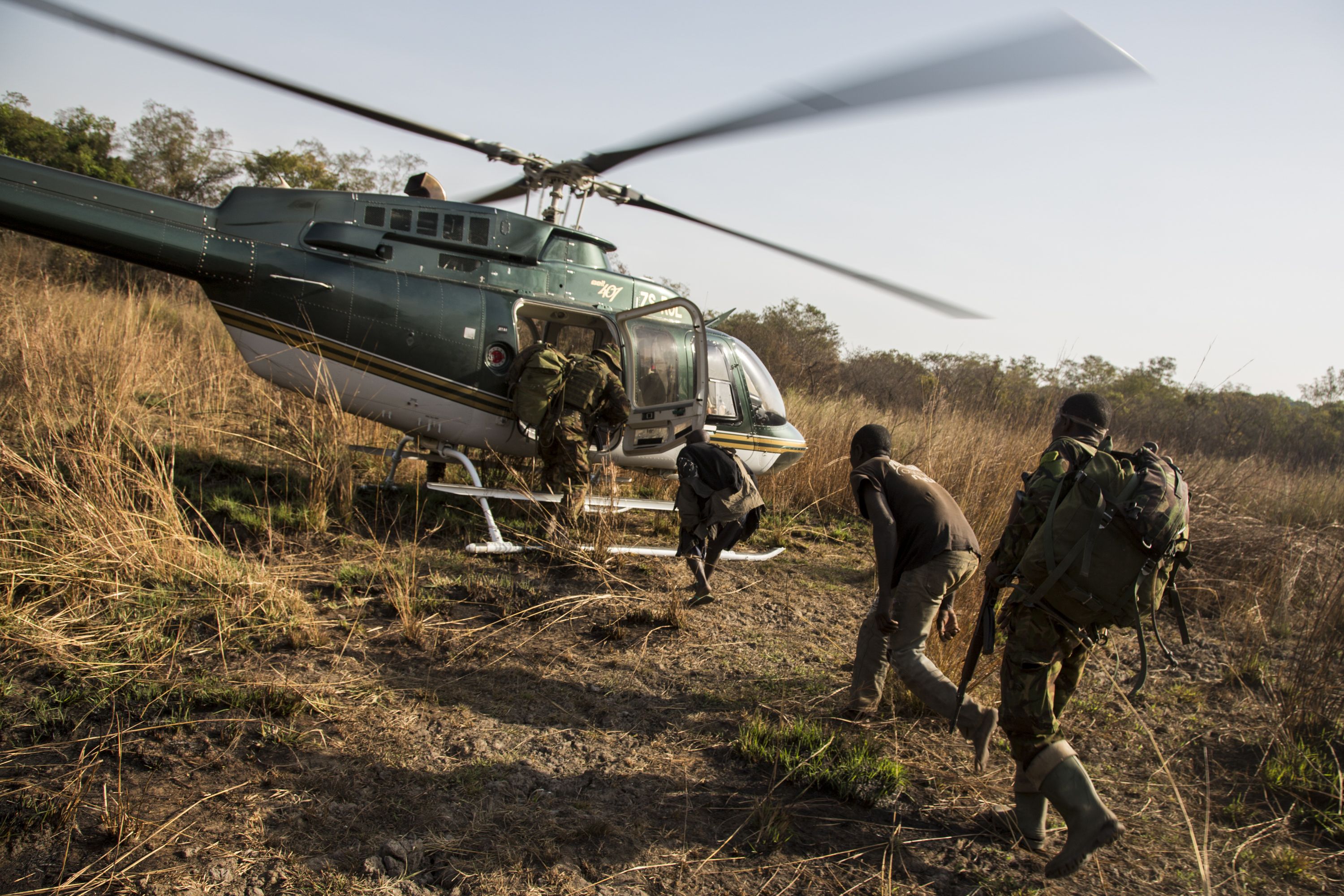 Rangers escort two poachers onto a helicopter after catching them hunting game in the Chinko wildlife reserve. Image by Jack Losh. Central African Republic, 2018.