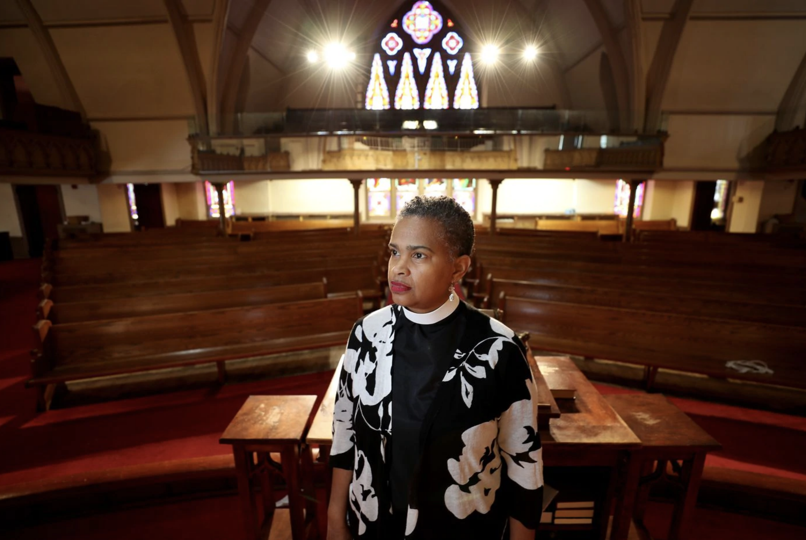Leslie D. Callahan, pastor of St. Paul's Baptist Church, poses for a portrait, at her church in North Philadelphia on April 8. Image by David Maialetti / The Philadelphia Inquirer. United States, 2020.