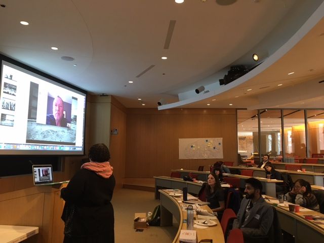 Scott Anderson presents his reporting on "Fractured Lands" to educators through Skype. Image by Fareed Mostoufi. United States, 2017.