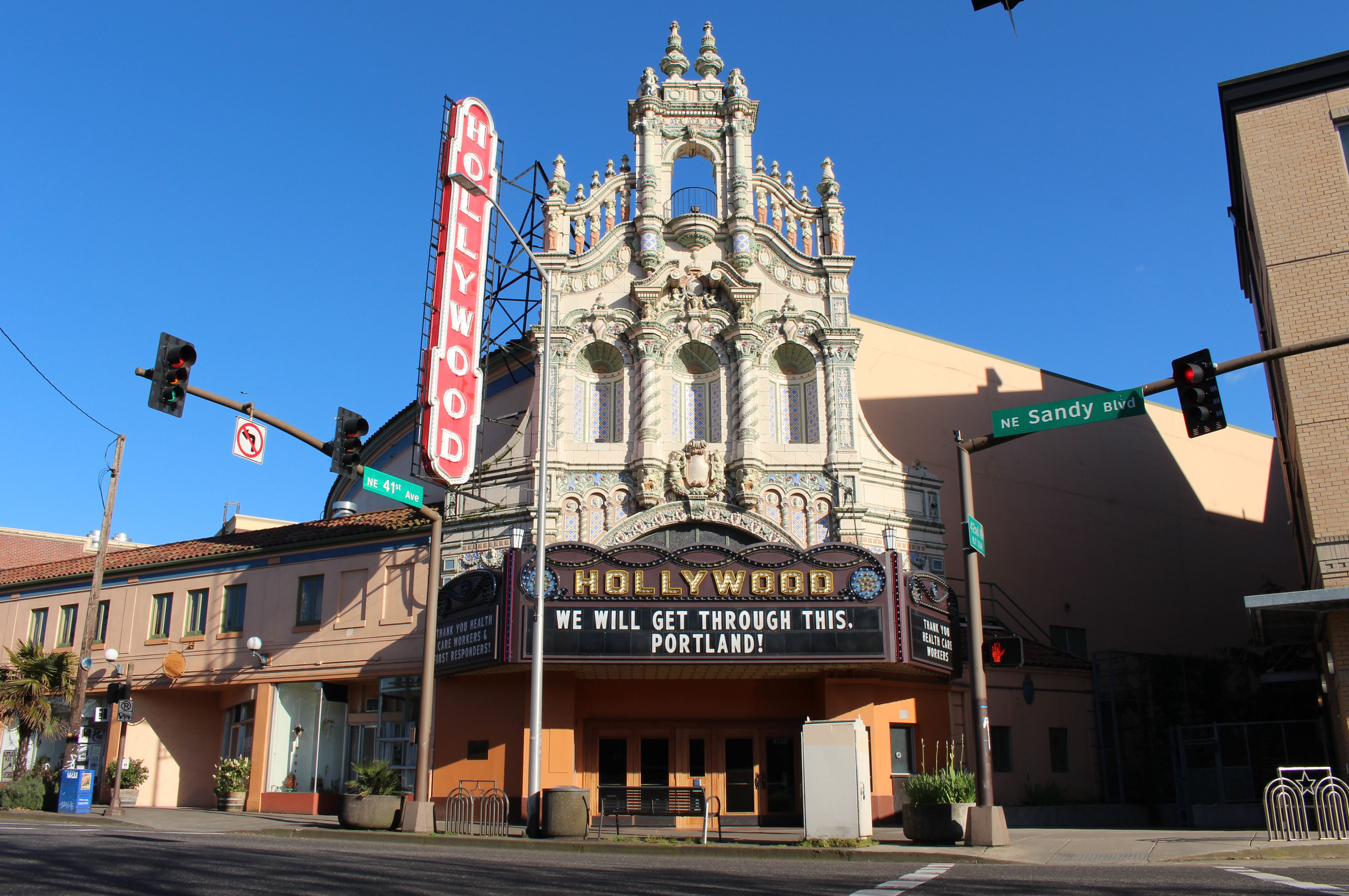 April 10, 2020 – The Hollywood Theatre has shut its doors since March but is leaving passersby with a positive message. Image by Sarah Fahmy. United States, 2020.