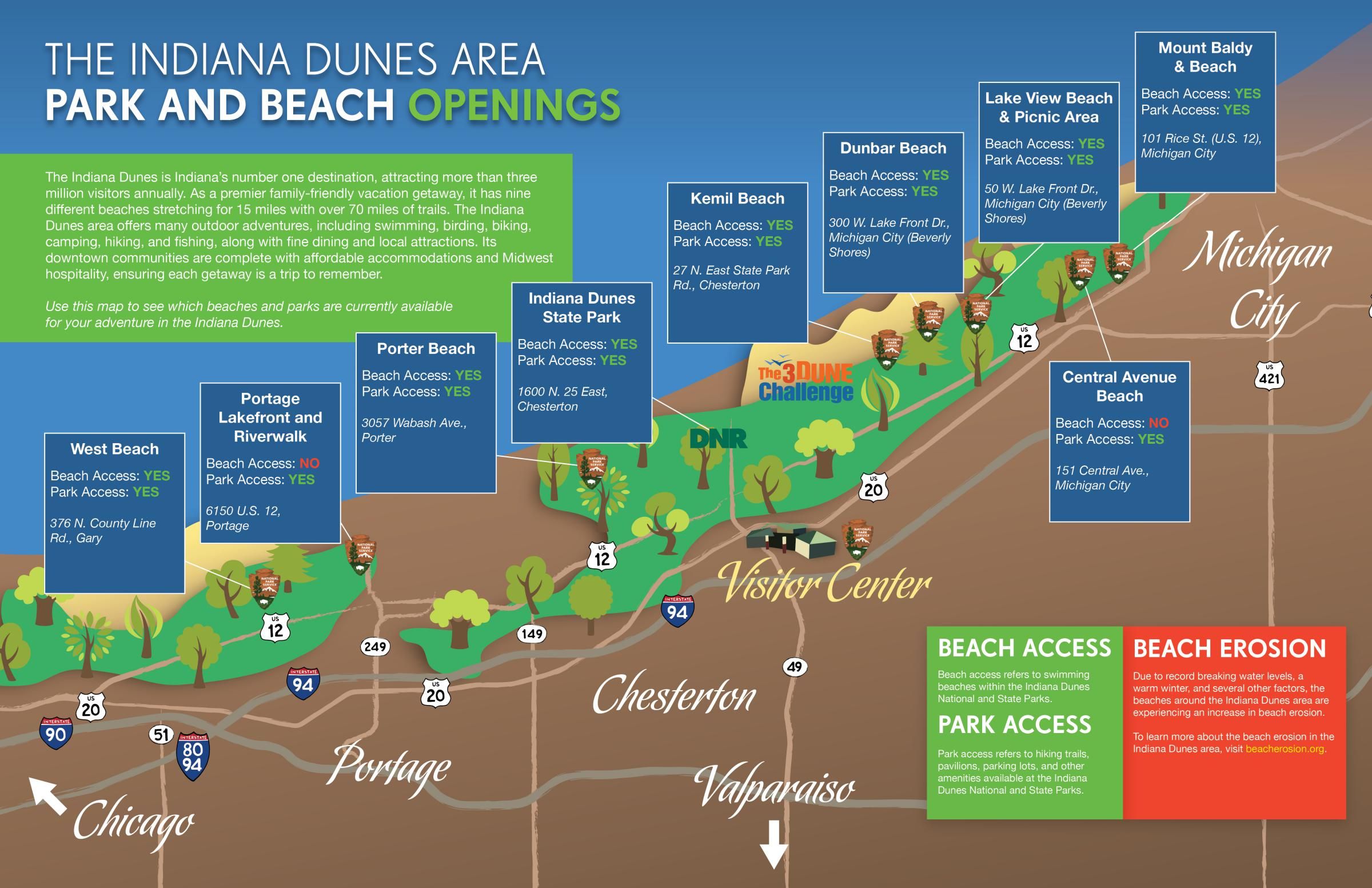 A map shows which beaches are closed in Indiana Dunes National Park. Image courtesy of Indiana Dunes Tourism.