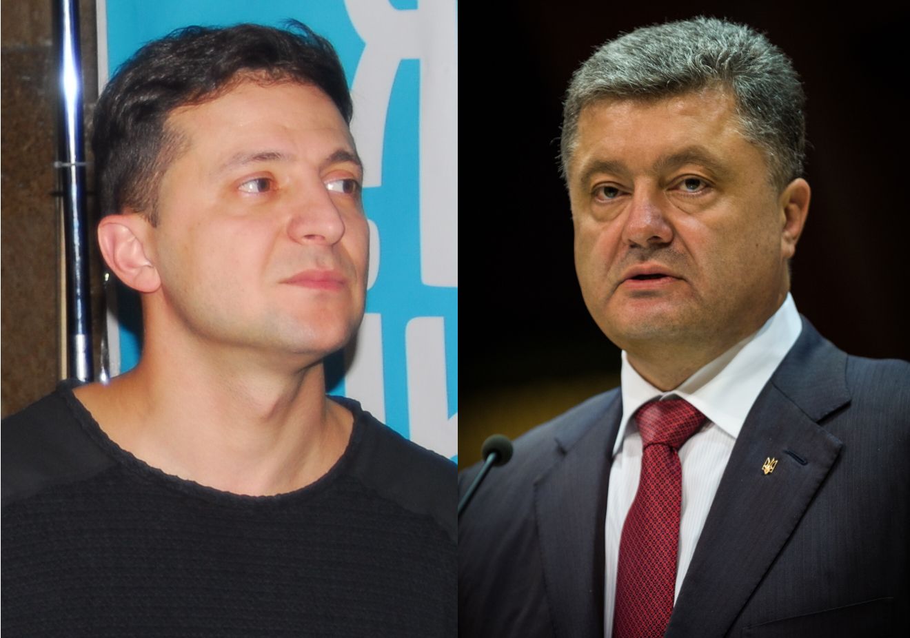 President-elect of Ukraine Volodymyr Zelensky (left) and former president Petro Poroshenko (right). Image by Maxim Stoyalov, Claude Truong-Ngoc, Alexander Krassotkin/Wikimedia Commons. Ukraine, 2019.