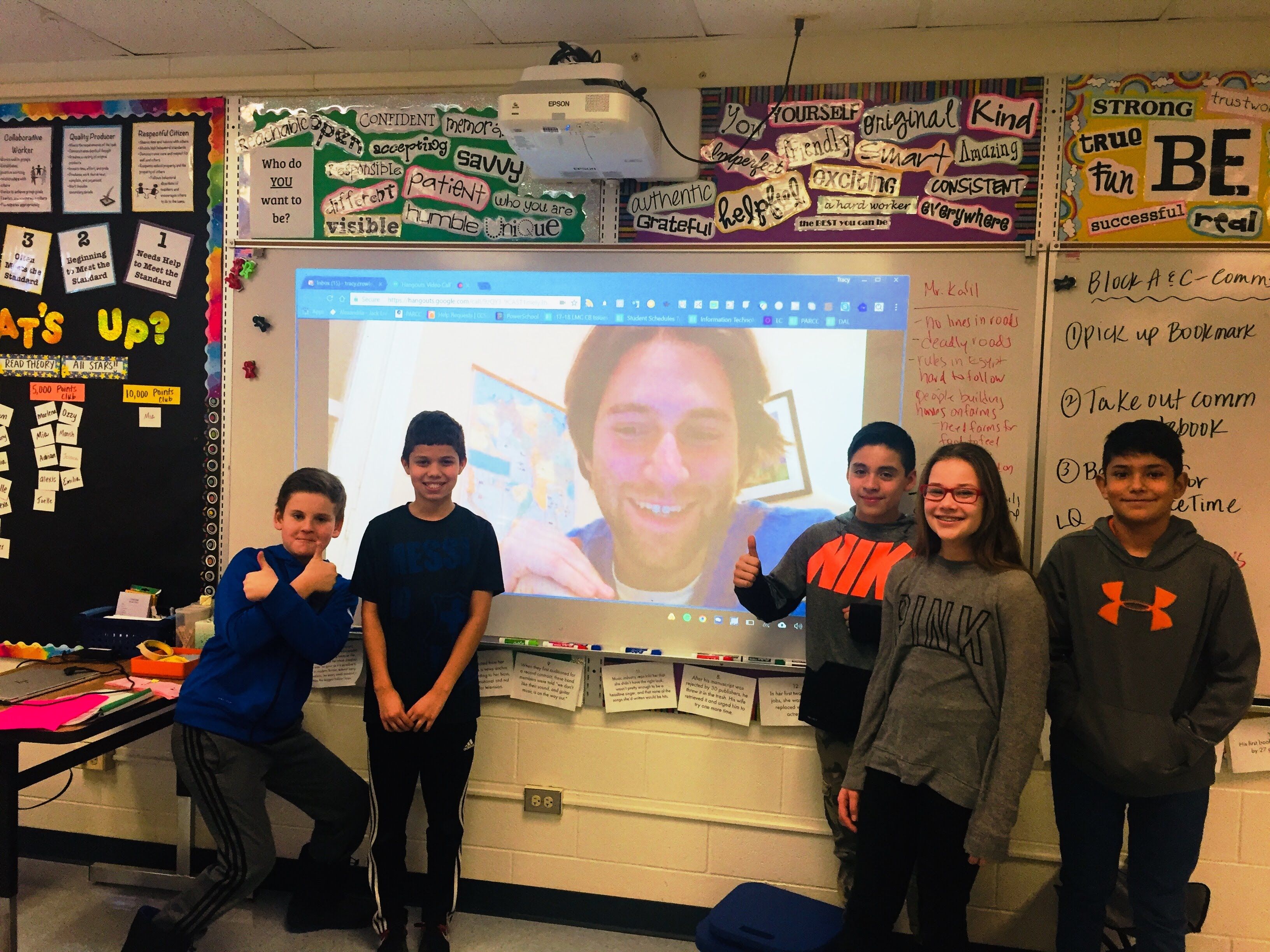 Jahd Khalil dials in from Cairo to speak with Jack London Middle School 6th graders. Image courtesy of Tracy Crowley. United States, 2018.
