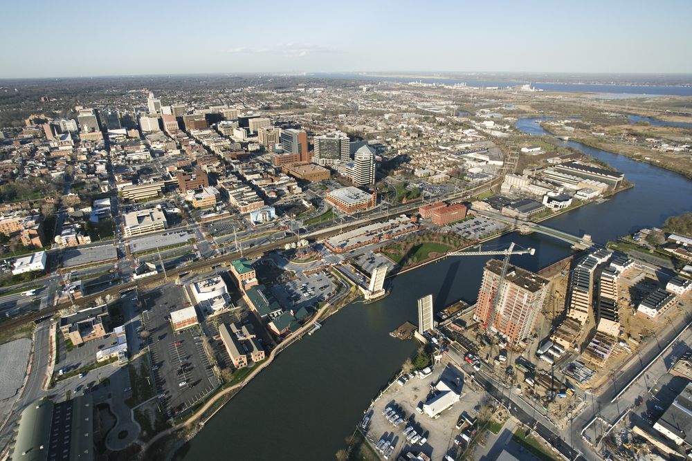 Aerial view of Baltimore, Maryland with river and drawbridges. Image by iofoto / Shutterstock. United States, undated.