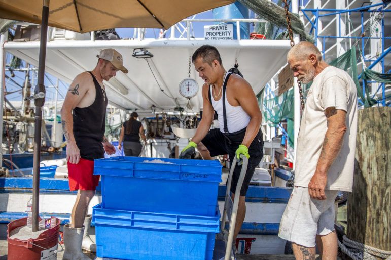 Carey Cannette, left and Tien Ly, center, stacking crates of shrimp in Biloxi. Image by Eric J. Shelton for Mississippi Today. United States, 2019.