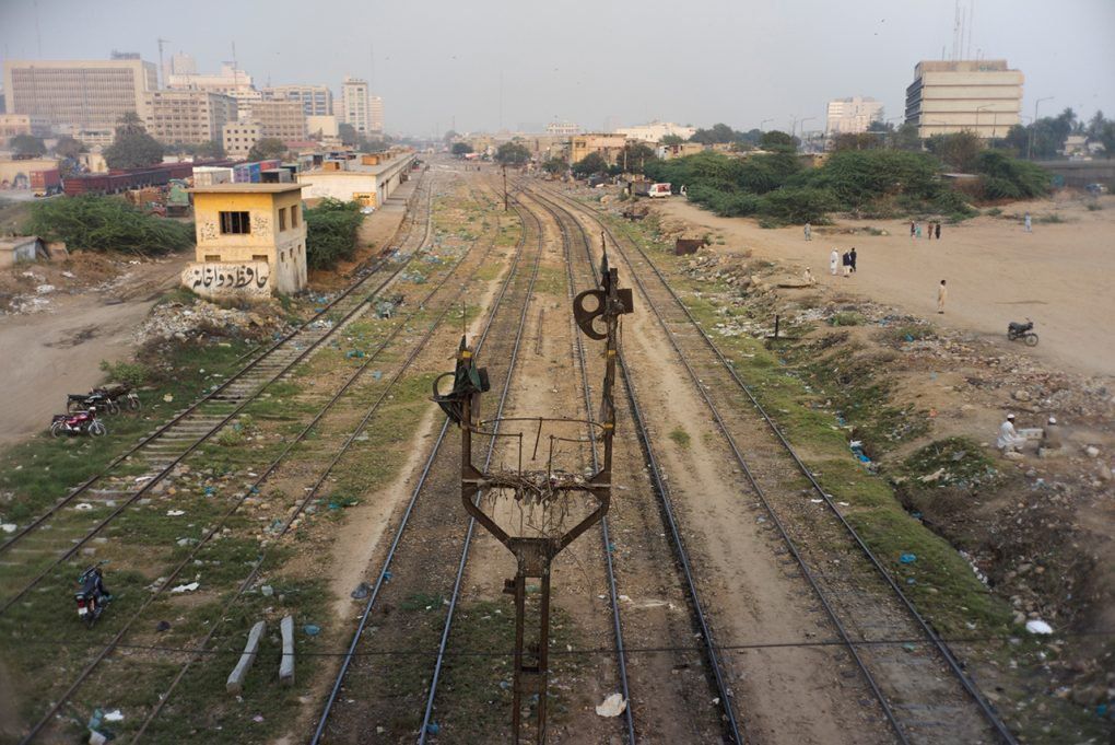 Tracks under Karachi Port Trust Interchange, Karachi, Pakistan. Still image from KCR, 2014-2017, nine-channel multimedia installation. Image by Ivan Sigal. Pakistan, 2017.