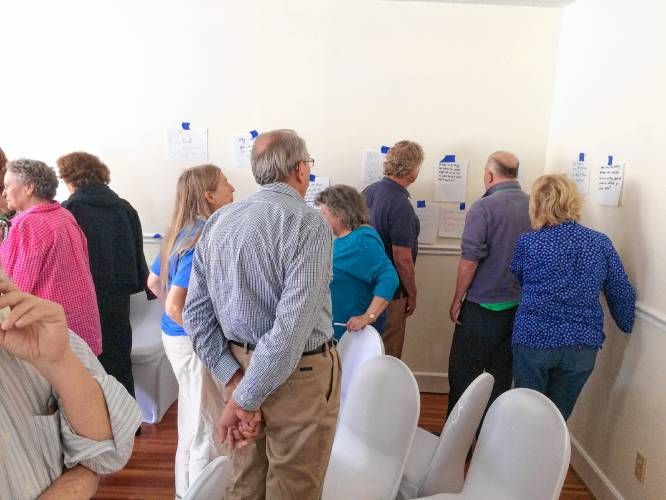 Leverett and Letcher County participants survey questions they had posed at their last meeting about what they still wanted to know about one another. Image by Richie Davis. United States, 2018.