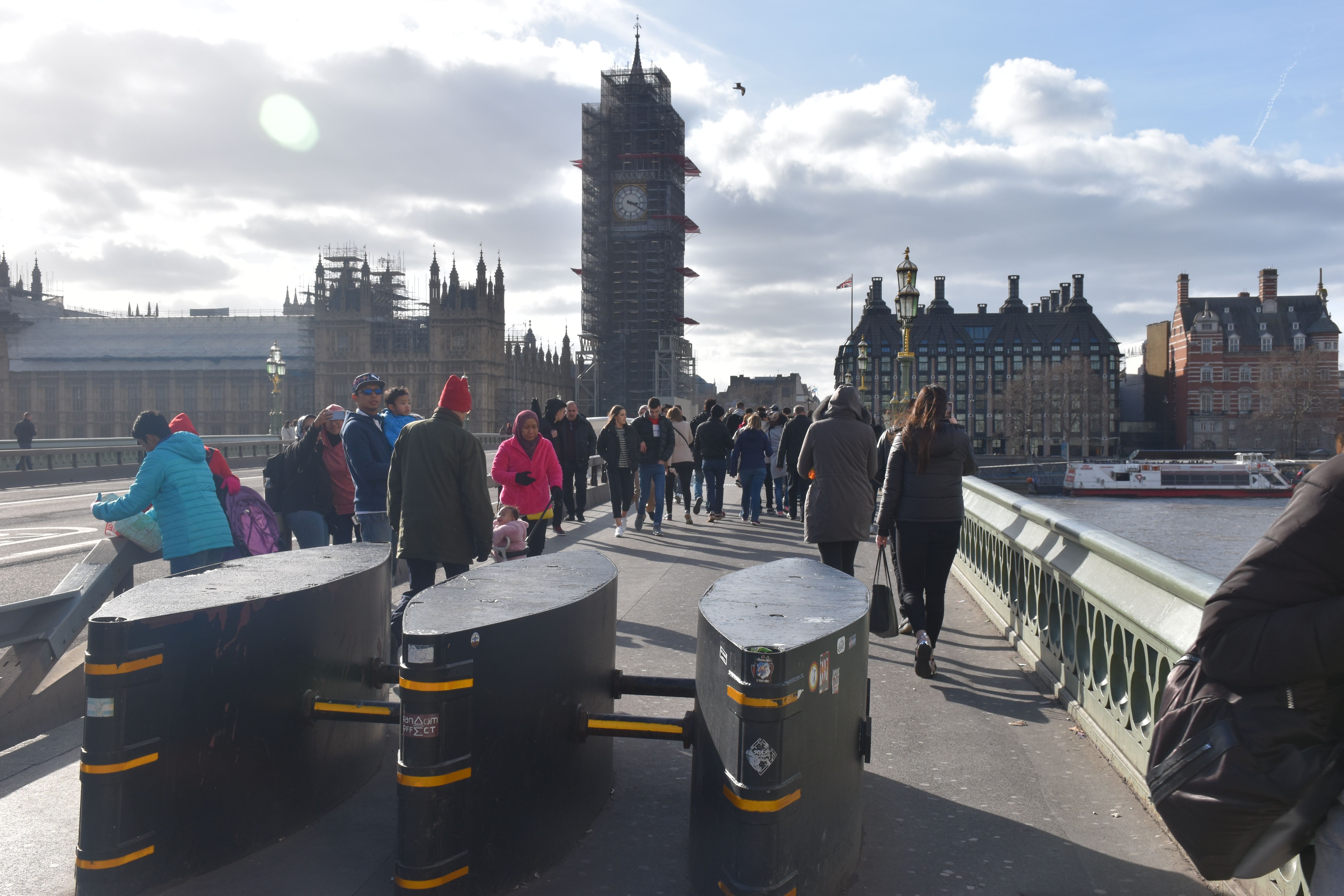 Barricades on either side of the iconic Westminster Bridge were installed to prevent vehicles from driving on the sidewalk as seen in the 2017 London Bridge attack. Image by Paul LeBlanc. United Kingdom, 2018.