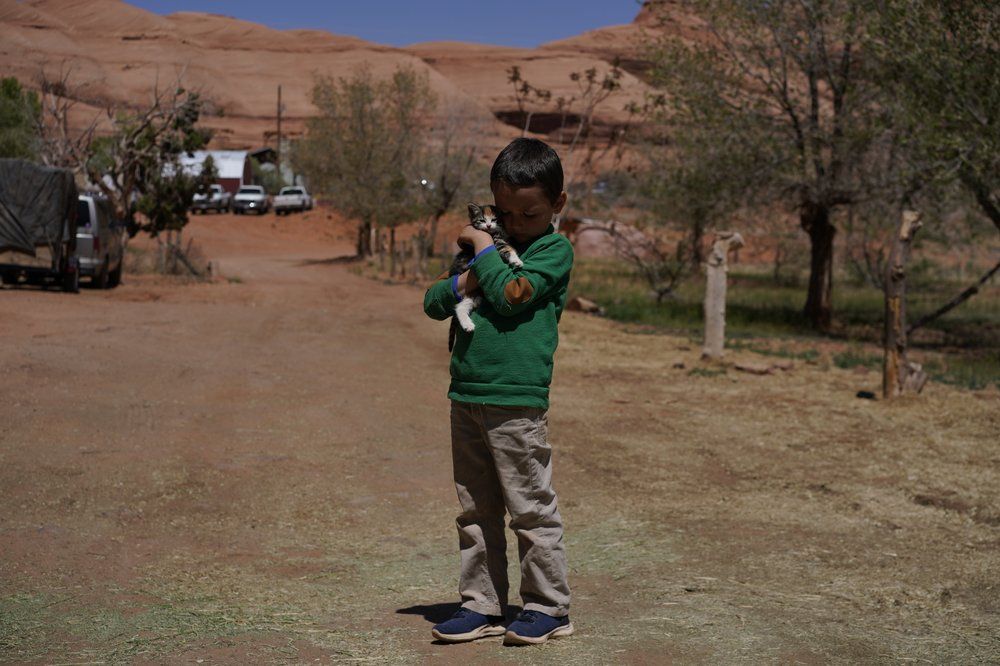 A boy holds a kitten named "Popcorn Ball" in front of his home in Oljato-Monument Valley, Utah, on the Navajo reservation on April 27, 2020. The reservation has some of the highest rates of coronavirus in the country. If Navajos are susceptible to the virus' spread in part because they are so closely knit, that's also how many believe they will beat it. Image by AP Photo/Carolyn Kaster. United States, 2020.
