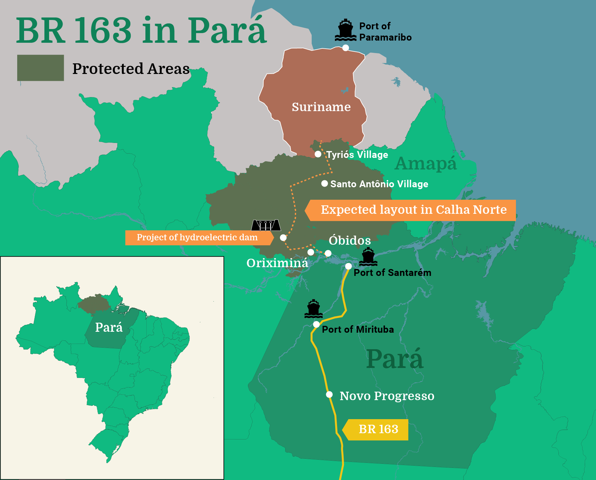 The plan to extend the BR-163 highway to the border with Suriname was originally drawn up by the Brazilian military dictatorship in the 1970s and has since been revived by President Jair Bolsonaro. Image by Júlia Lima.
