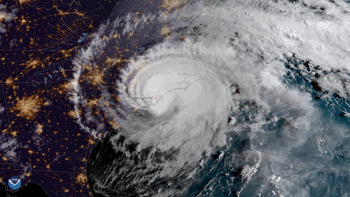 Hurricane Florence makes landfall near Wrightsville Beach at 7:15am September 14, 2018, as a Category 1 storm. The GOES East satellite captured this geocolor image of the massive storm at 7:45am ET, shortly after it moved ashore. Image by NOAA. United States, 2020.