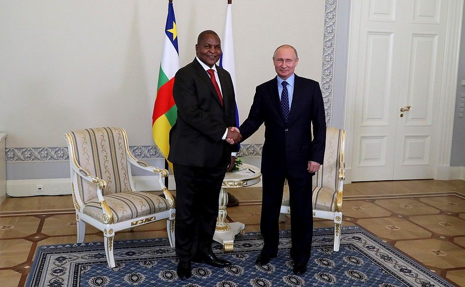 Russian President Vladimir Putin with the president of Central African Republic, Faustin Archange Touadera. Image from President of Russia for media use. Russia, 2018.