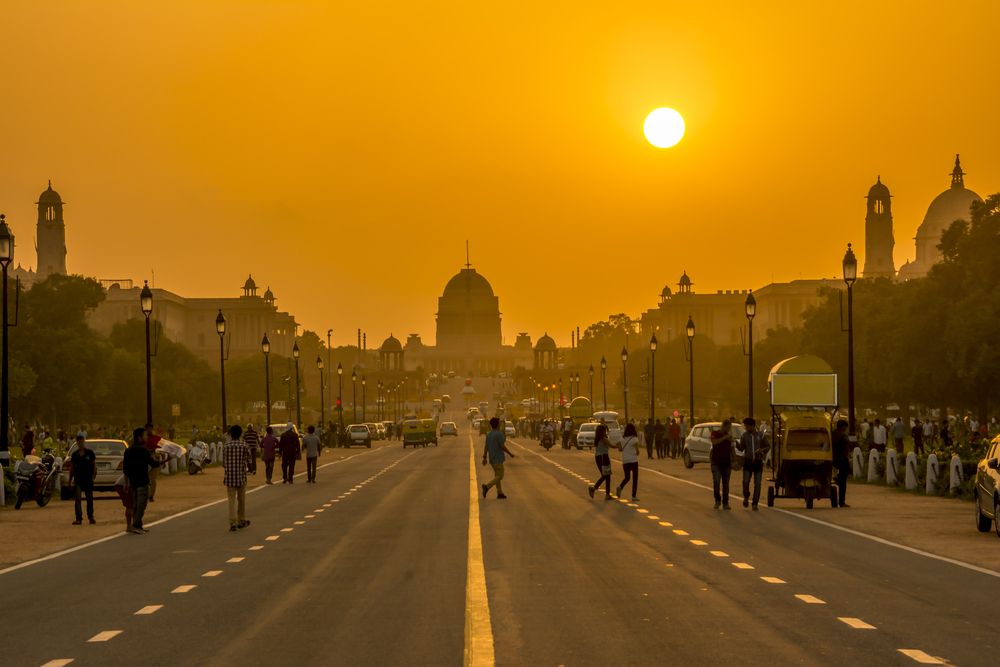 Sunset behind the Rashtrapati Bhavan (Presidential Residence) in New Delhi. Image by Kriangkrai Thitimakorn / Shutterstock. India, undated.