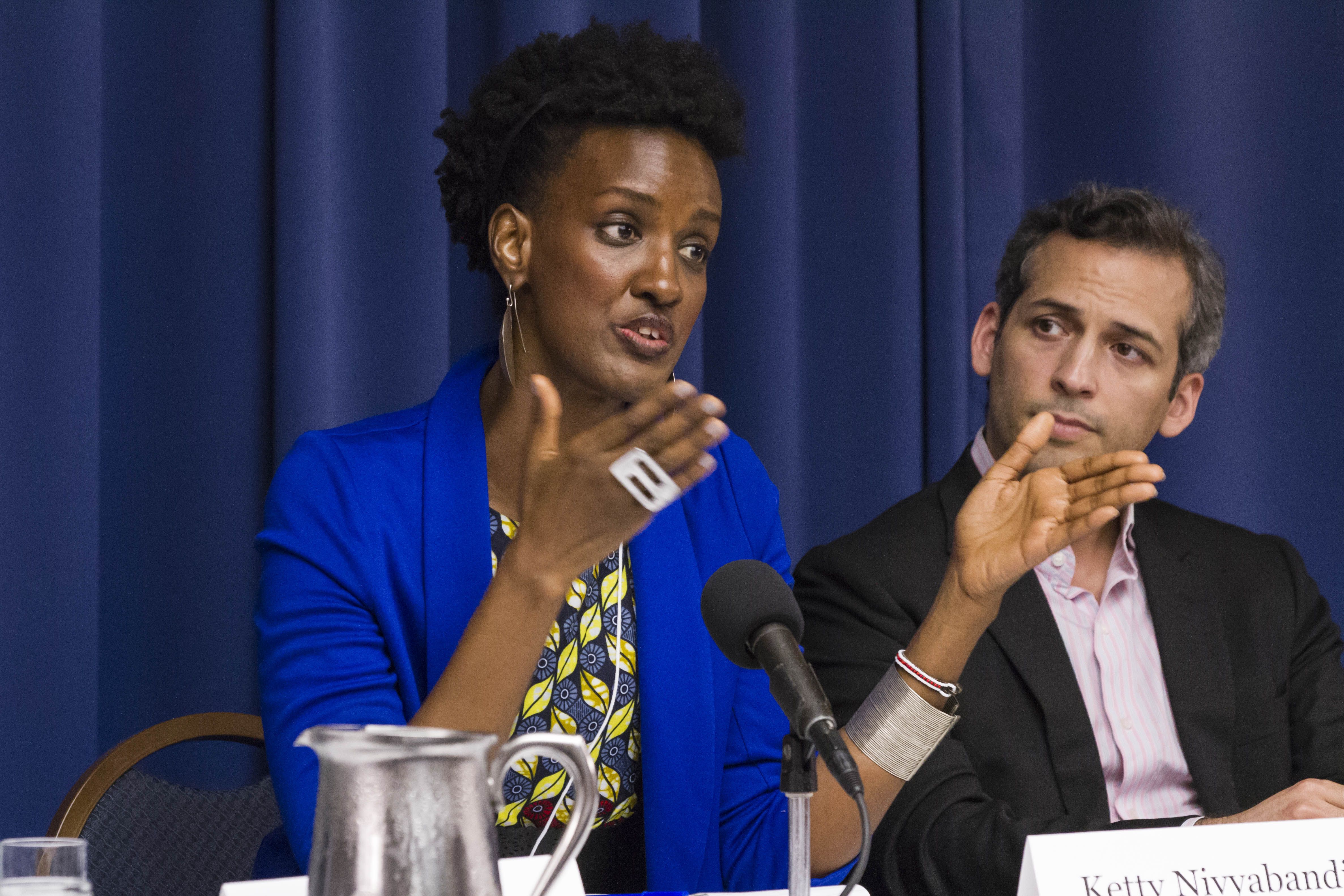 Ketty Nivyabandi, Burundian activist, speaks on a panel about the role of social media in conflict and peace reporting. Image by Jin Ding. Washington, DC, 2018.