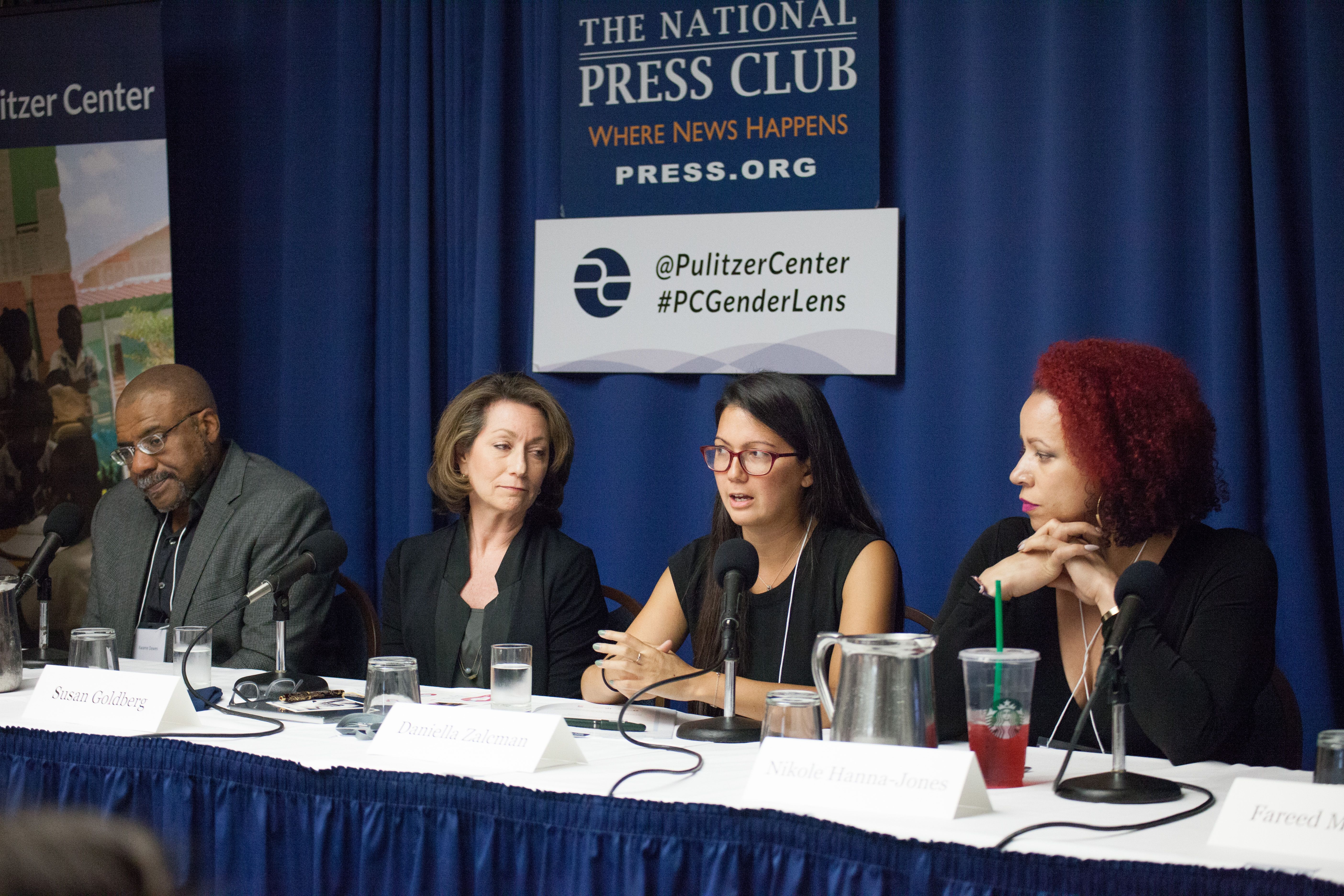 (Left to right) Kwame Dawes, Susan Goldberg, Daniella Zalcman, and Nikole Hannah-Jones speak on Diversifying the Story panel at Pulitzer Center Gender Lens Conference. Image by Sydney Combs. United States, 2017. 