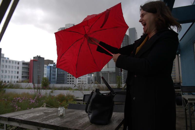 The wind blows the umbrella of Esther van Geloven, a Dutch government policy officer, at a rooftop garden in Rotterdam. Photo by Chris Granger, The Times-Picayune | The New Orleans Advocate. Netherlands, undated.