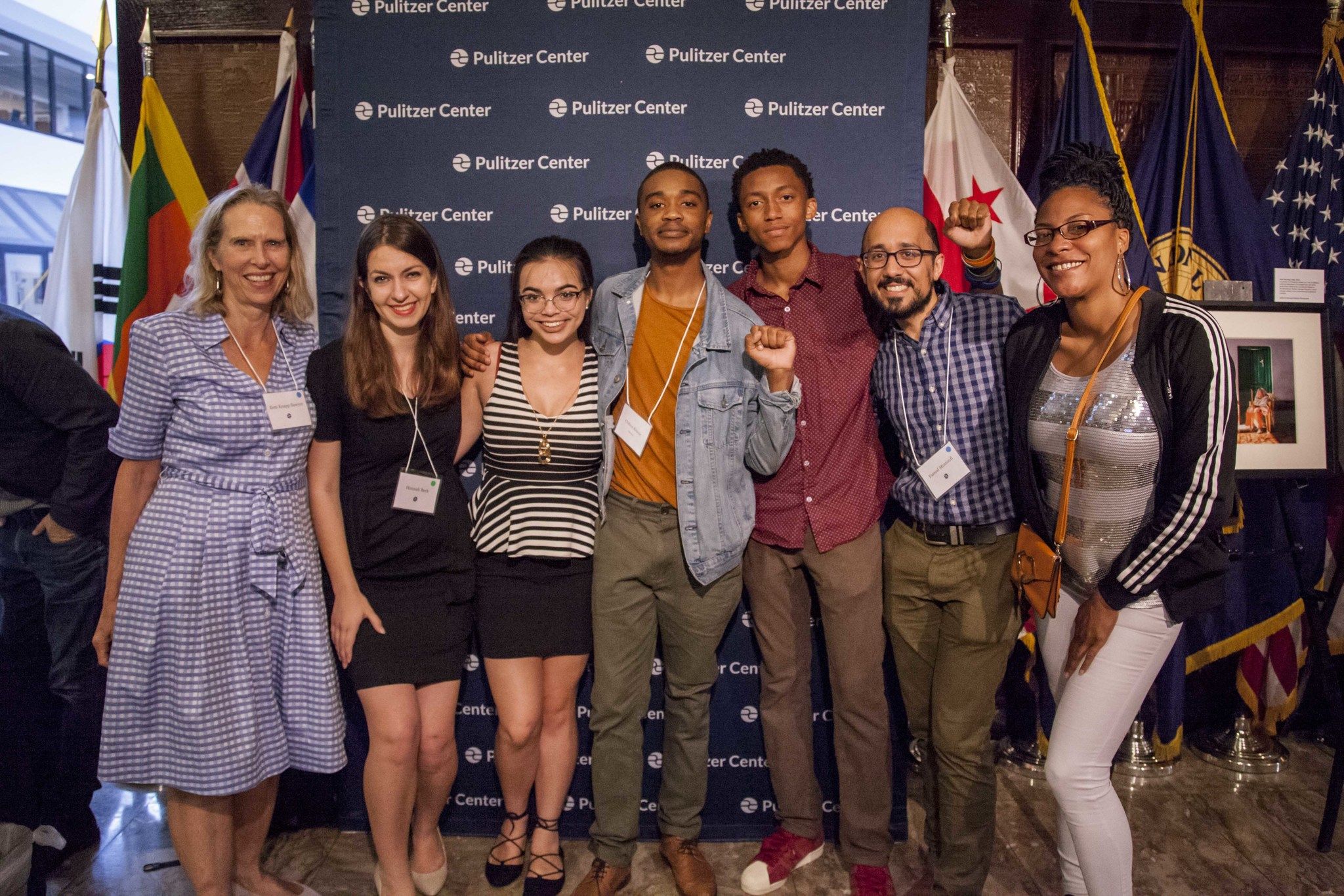 Activists Jade Nguyen, Clifton Kinnie, and Ke'Shon Newman stand with Pulitzer Center team members Kem Sawyer, Hannah Berk, and Fareed Mostoufi and Newman's mother, Darlene Jones. Image by Jin Ding. Washington, DC, 2018.