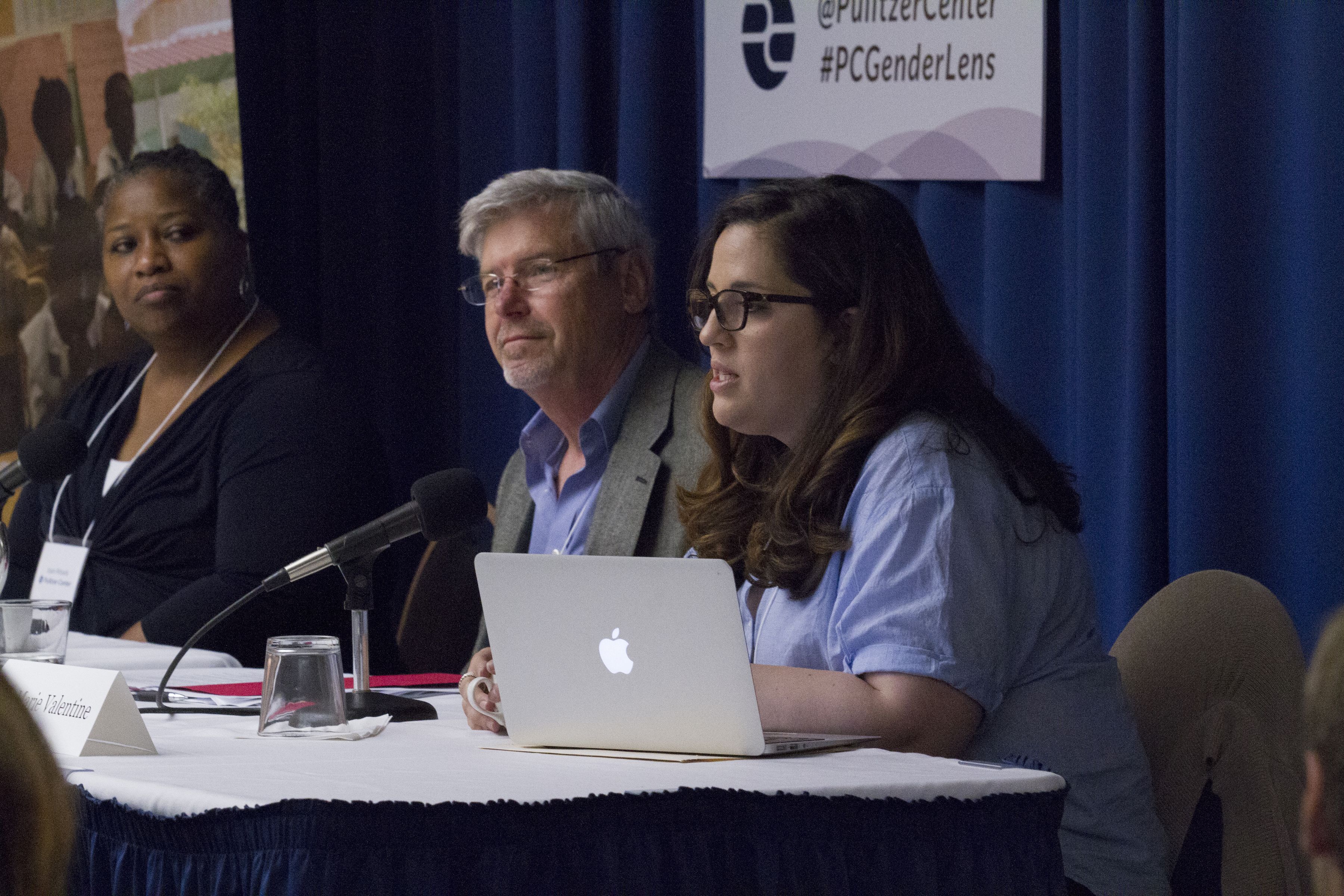 From left, Pulitzer Center Capital Campaign Director Joan Woods, Senior Editor Tom Hundley, and International Women's Media Foundation Senior Program Officer Ann Marie Valentine at the 2017 Pulitzer Center Gender Lens Conference workshop on pitching and funding proposals. Image by Jin Ding. United States, 2017.
