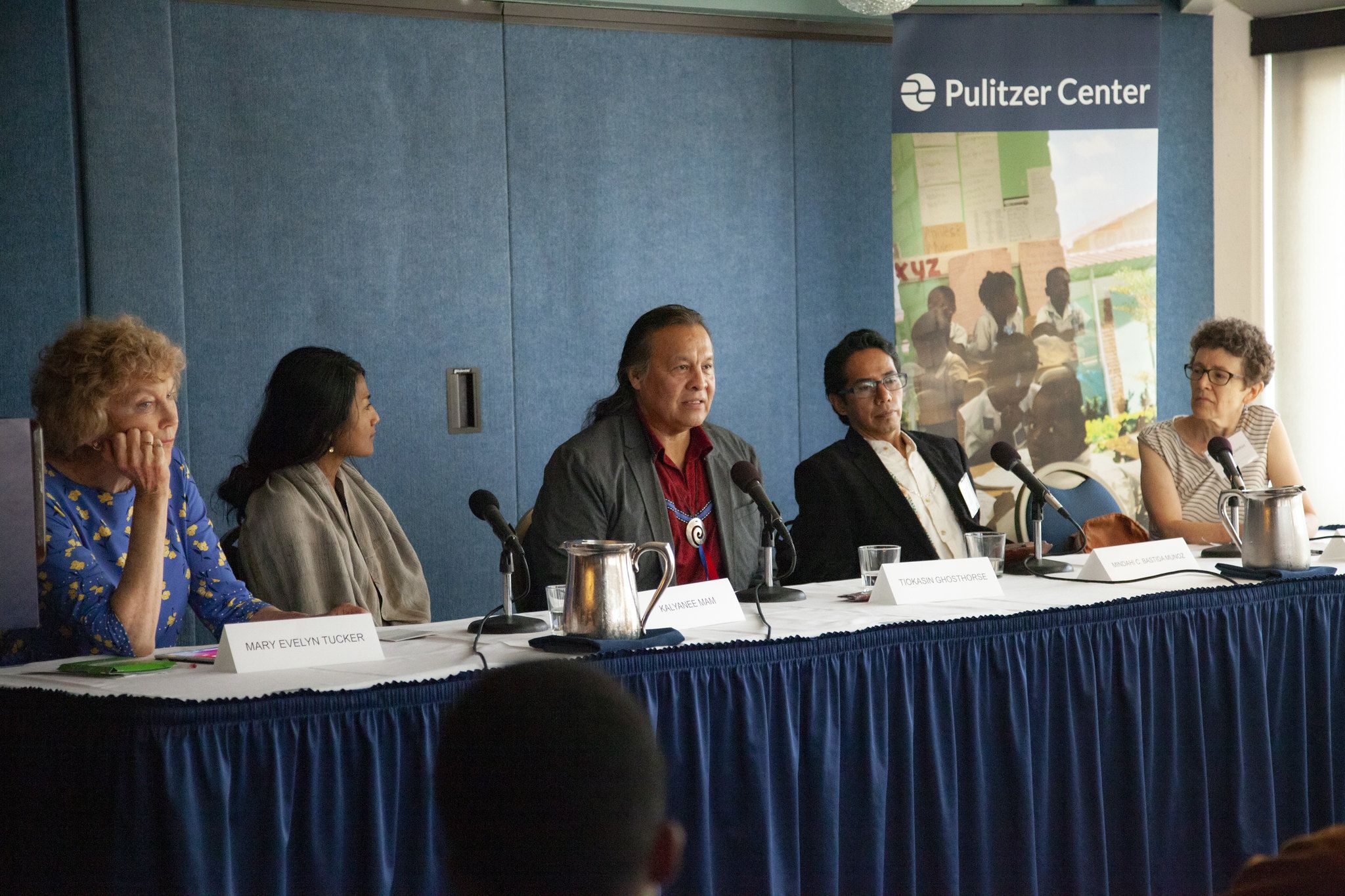 Tiokasin Ghosthorse speaks on the importance of language during the panel for Religion & the Environment at the Beyond Religion Conference. Also present: (from left) Mary Evelyn Tucker, Kalyanee Mam, Mindahi C. Bastida Munoz, and Marianne Comfort. Image by Jin Ding. Washington, D.C., 2019.