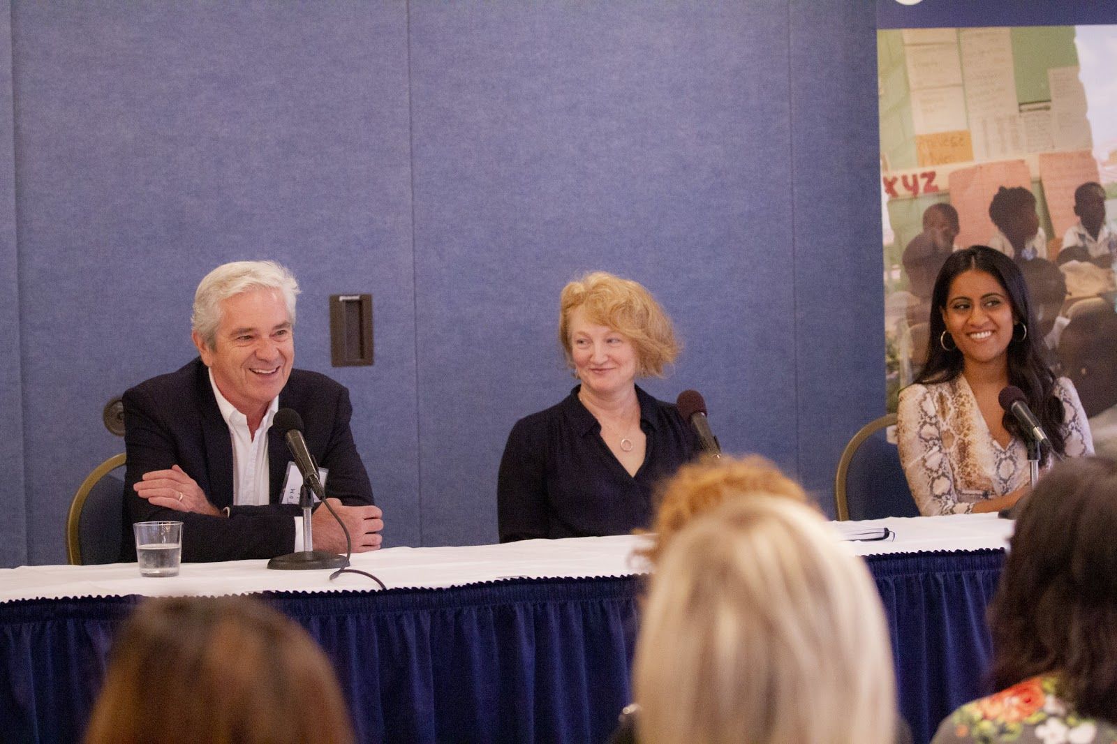 (From left to right) Tom Gjelten, Krista Tippett, and Krithika Varagur sharing a laugh during the workshops Q&A session. Image by Jin Ding. Washington, D.C., 2019. 